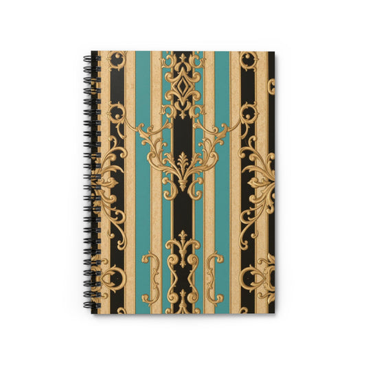 Elegant Black, Tan & Ocean Green Striped Gold Baroque Spiral Notebook - Ruled Lines, Vintage Style Journal, Office Supplies, Gift for Writers