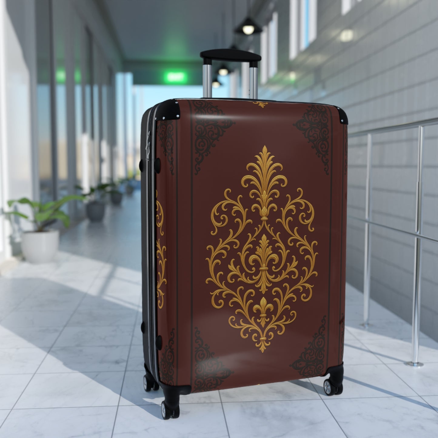 Dusk Burgundy-Black & Gold Baroque Vintage Carry-On Suitcase — Ornate Gold Baroque Travel Luggage