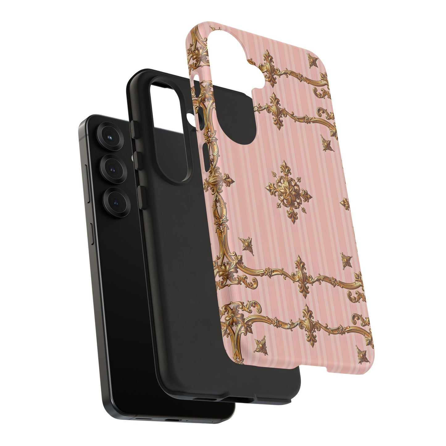 Elegant Floral Phone Case, Tough Cases for Women, Trendy Phone Cover, Chic Gift - Pink Striped Gold Baroque