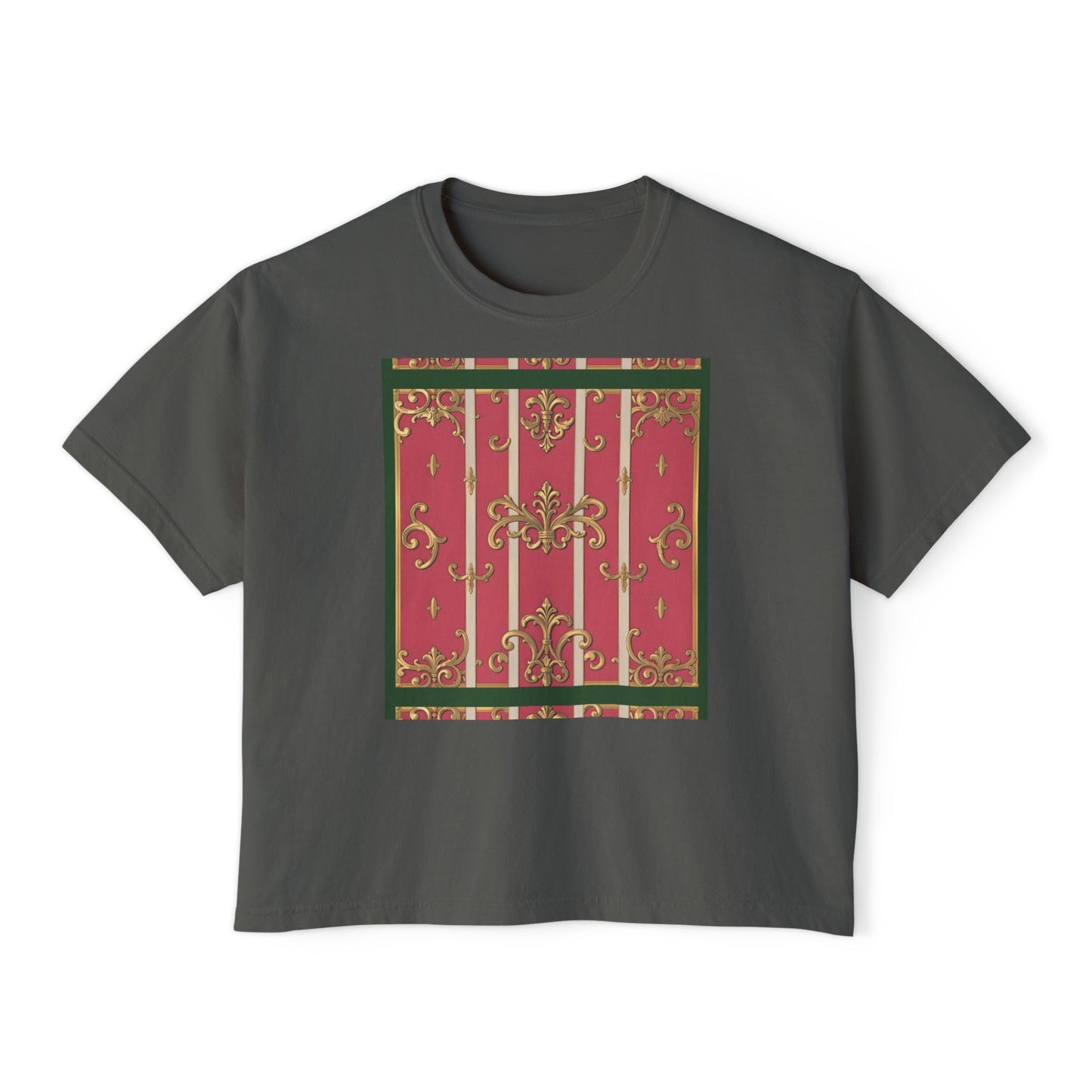 Women's Boxy Tee with Elegant Green Border Pink Striped Baroque Design, Casual Summer Top, Gift for Her, Trendy T-Shirt, Stylish Everyday Wear