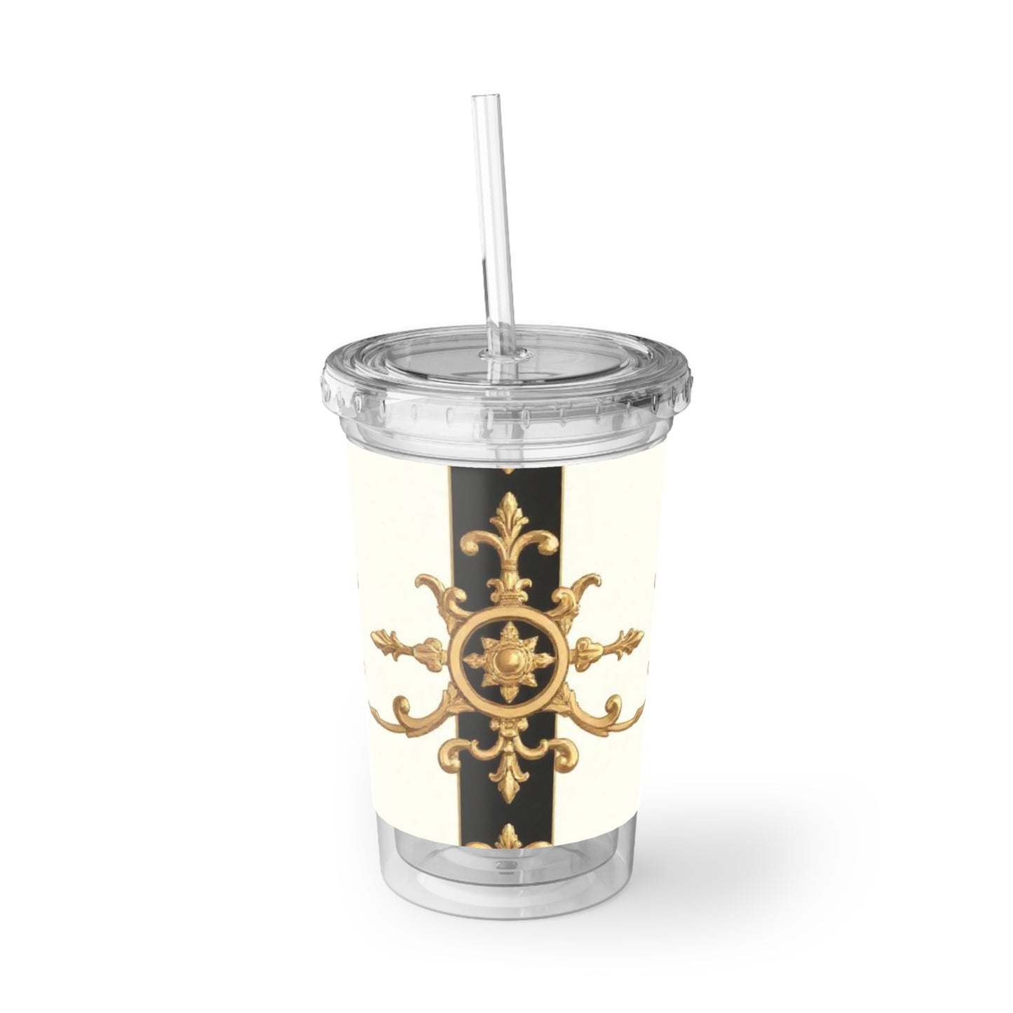 Elegant Gold Accent Acrylic Cup, Insulated Travel Mug, Stylish Coffee Cup, Decorative Tumblers for Gifts - Black & White Striped Gold Baroque