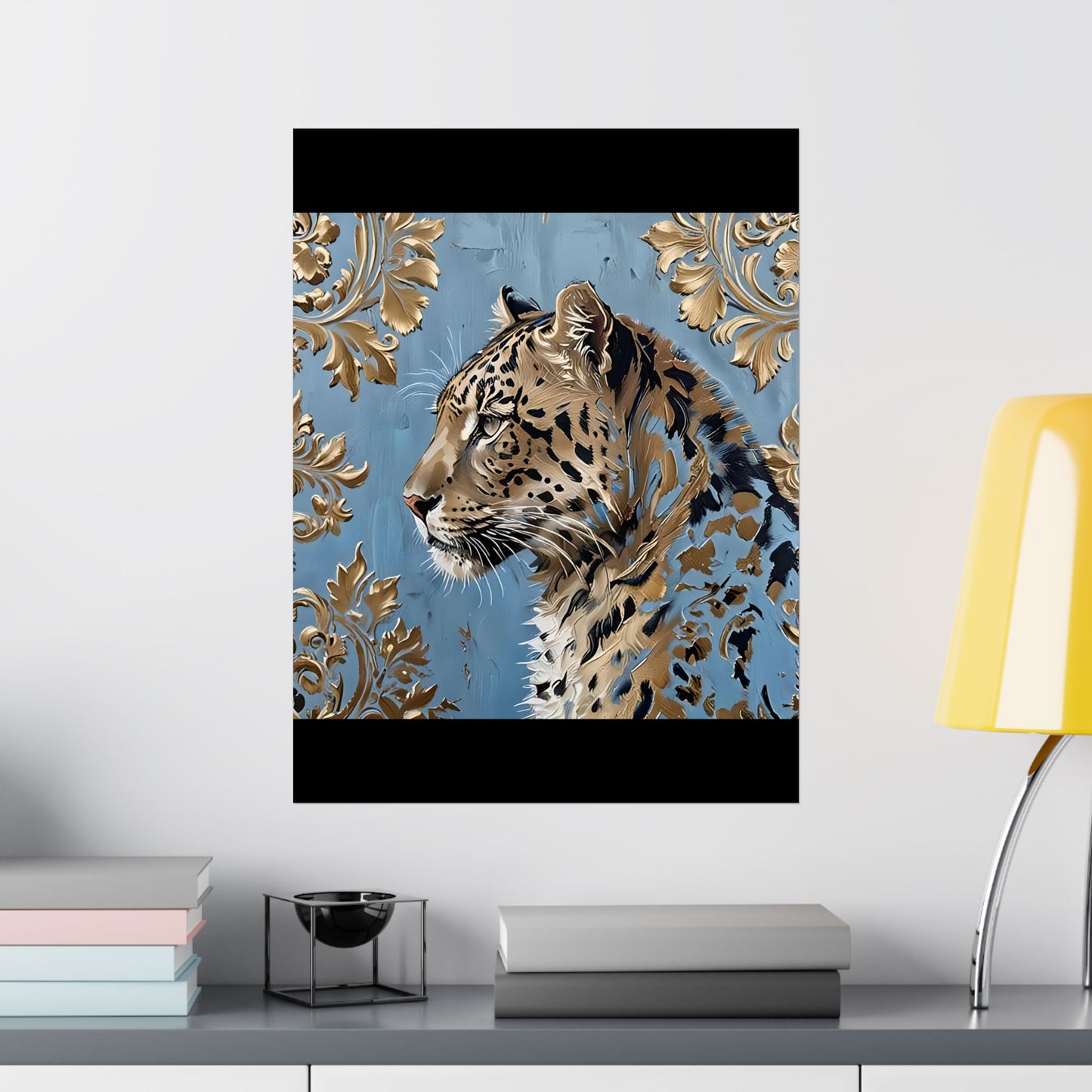 Floral Motif Art Poster - Elegant Matte Vertical Wall Decor - Leopard In Blue & Gold Damask
