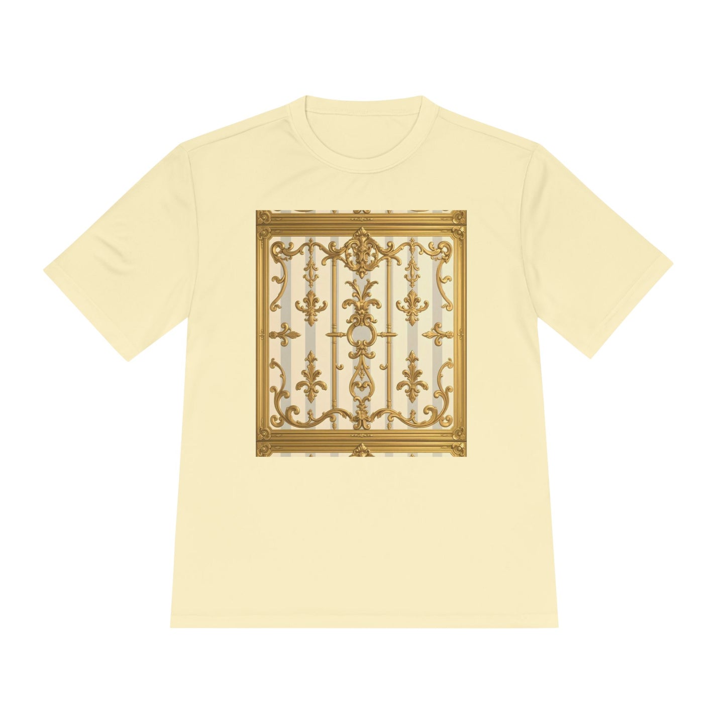Elegant Gold Unisex Moisture Wicking Tee, Fashion Tee, Workout Shirt, Summer Style - Matte Gray & Cream Striped Gold Baroque