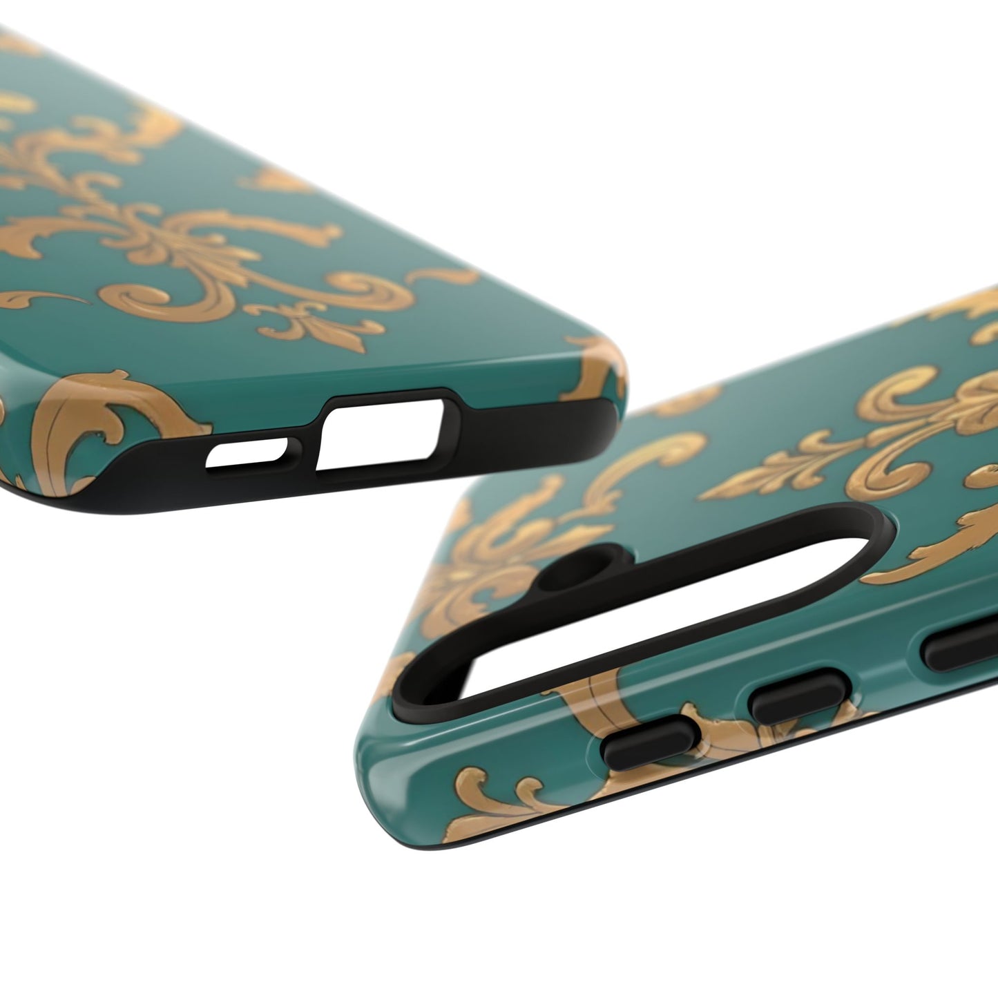 Elegant Floral Motif Phone Case - Tough Cases with Vintage Design - Aqua & Gold Damask