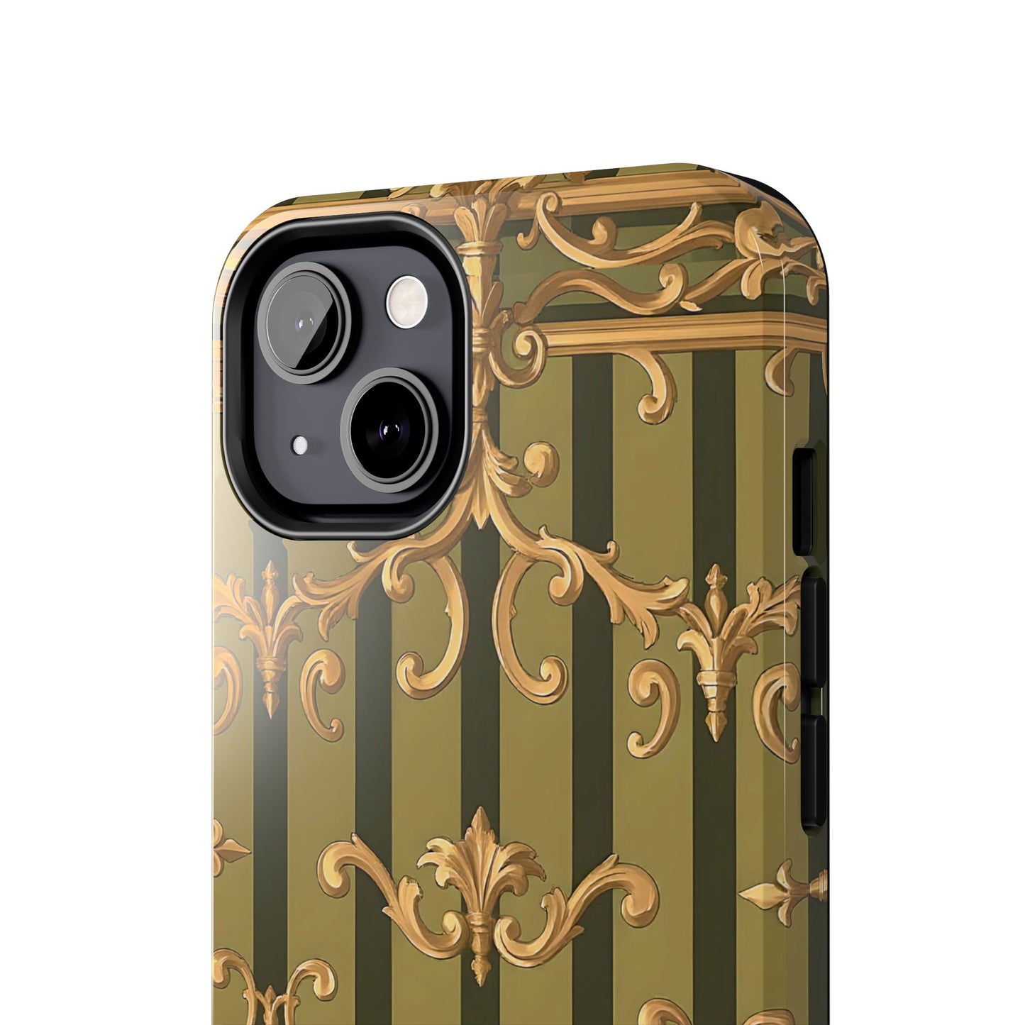Elegant Vintage Phone Case - Tough Protection with Classy Design, Stylish Phone Cover for Fashion Lovers - Olive Green Striped Rococo