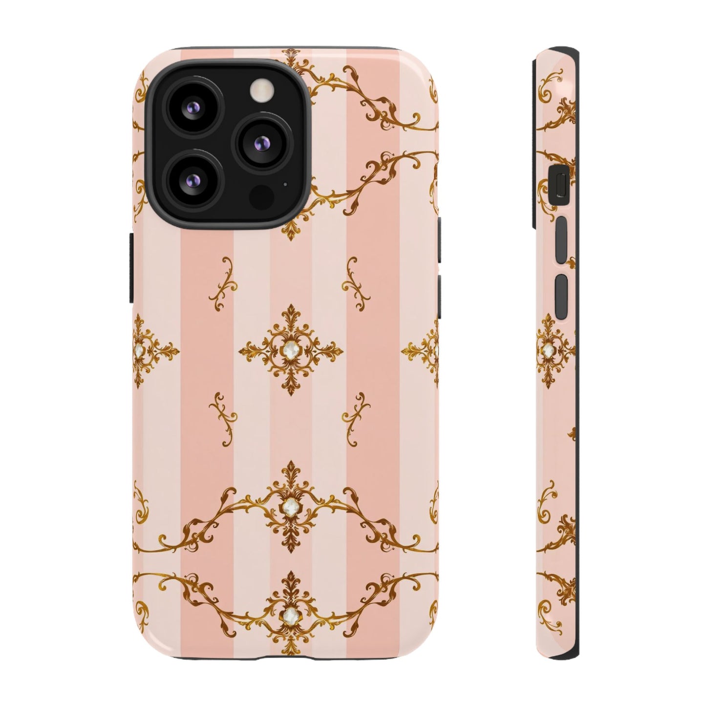 Elegant Floral Phone Case, Tough Cases for Women, Trendy Phone Cover, Chic Gift - Pink Jeweled Striped Gold Baroque