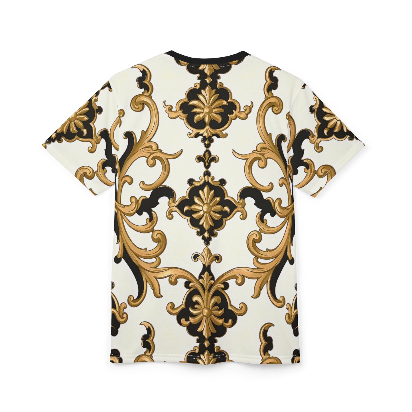 Elegant Baroque Print Tee, Unisex Fashion Top, Stylish Casual Wear, Perfect Gift for Fashion Lovers - Black & Gold Rococo