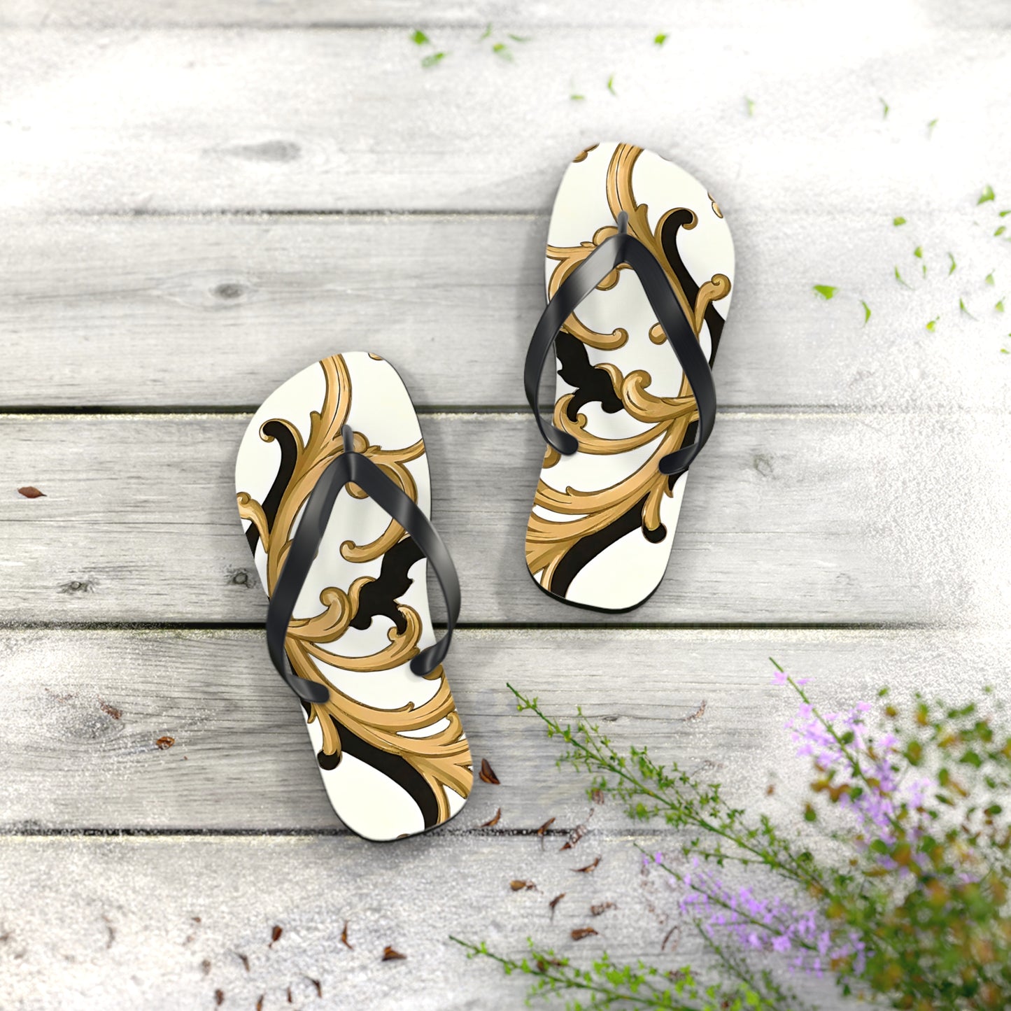 Elegant Floral Flip Flops, Beach Sandals, Summer Casual Footwear, Vacation Essentials, Poolside Accessories, Gift for Her - Black & Gold Rococo