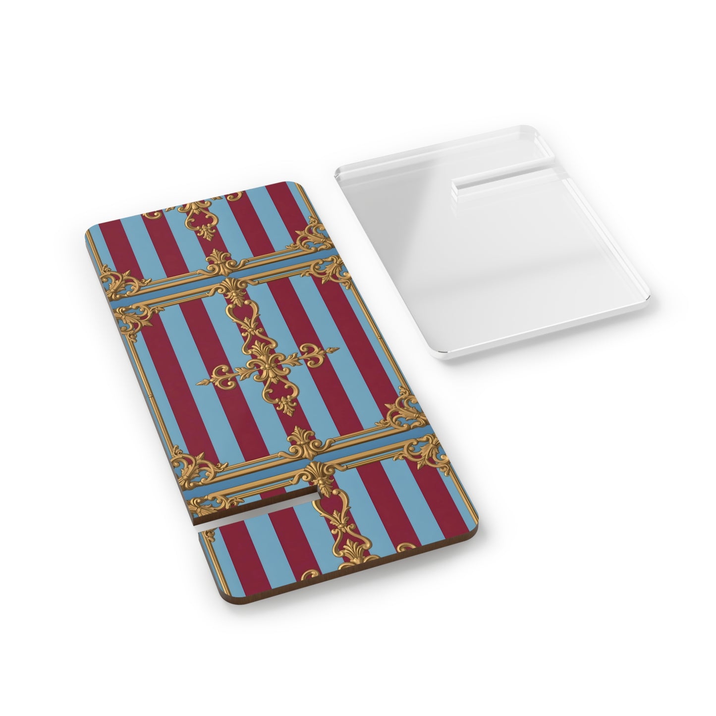 Elegant Smartphone Display Stand, Stylish Phone Holder, Desk Organizer, Gift for Home Office - Sky Blue & Maroon Striped Baroque