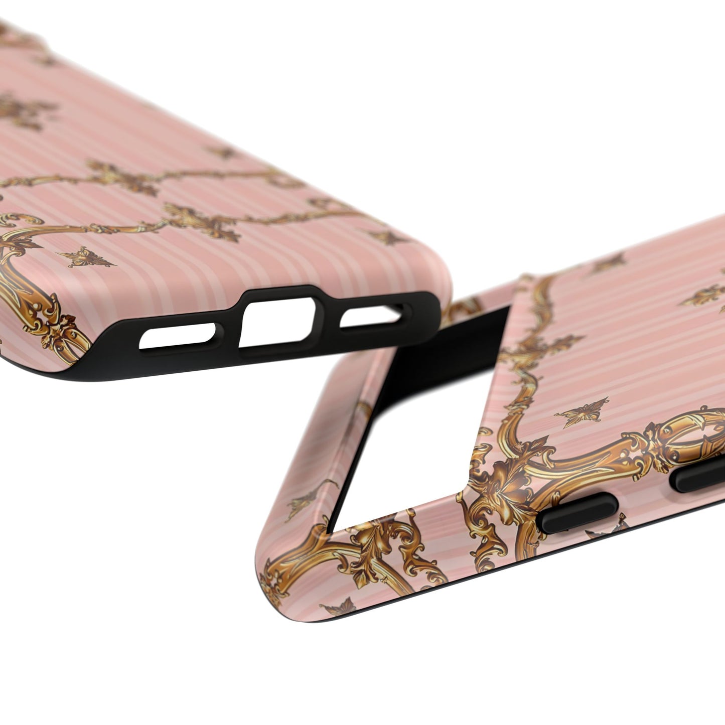 Elegant Floral Phone Case, Tough Cases for Women, Trendy Phone Cover, Chic Gift - Pink Striped Gold Baroque