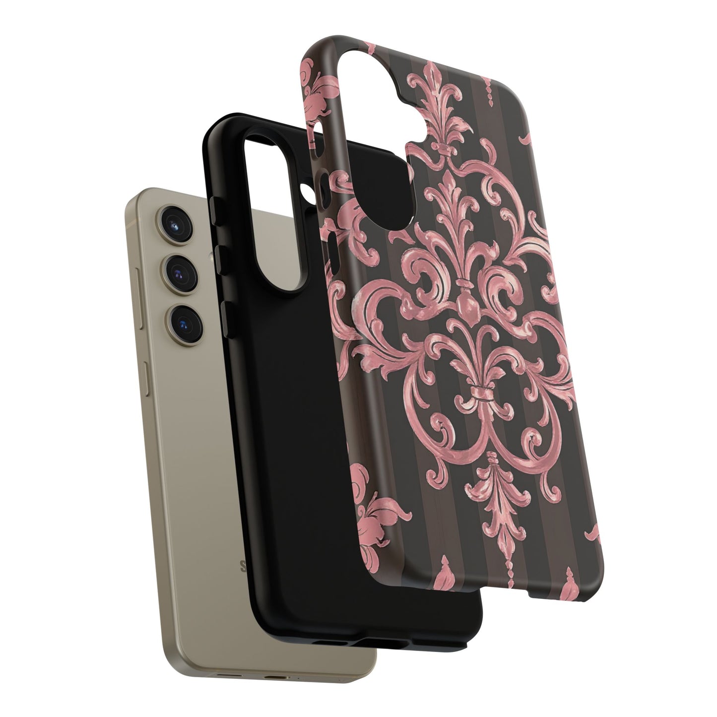 Elegant Floral Motif Phone Case - Tough Cases with Vintage Design - Brown Striped Mauve Damask