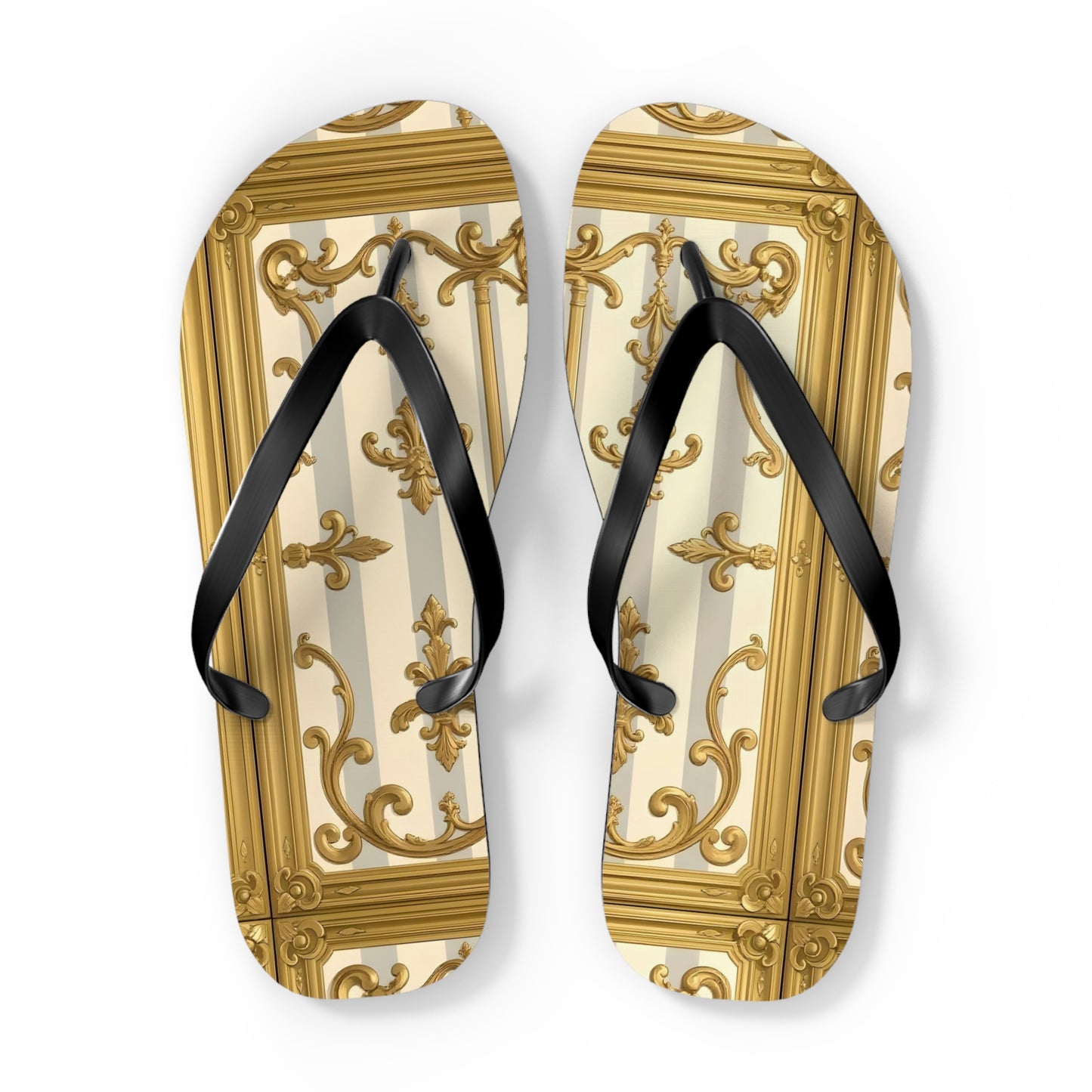 Chic Decorative Flip Flops for Beach, Summer Vibes, Vacation Footwear, Luxury Poolside Slippers - Matte Gray & Cream Striped Gold Baroque
