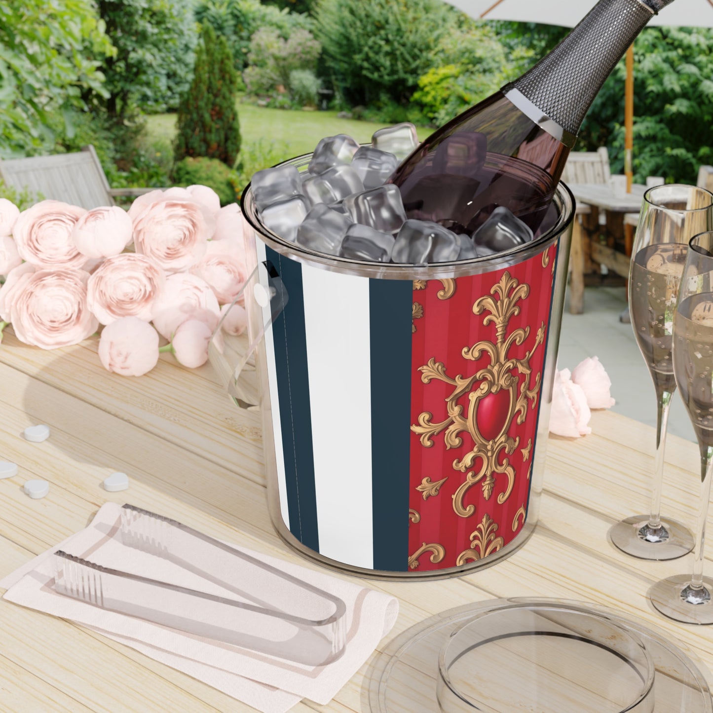 Elegant Ice Bucket with Tongs, Party Accessory, Barware, Home Decor, Holiday Entertaining, Chic Gift Idea - Blue, Red & White Striped Baroque