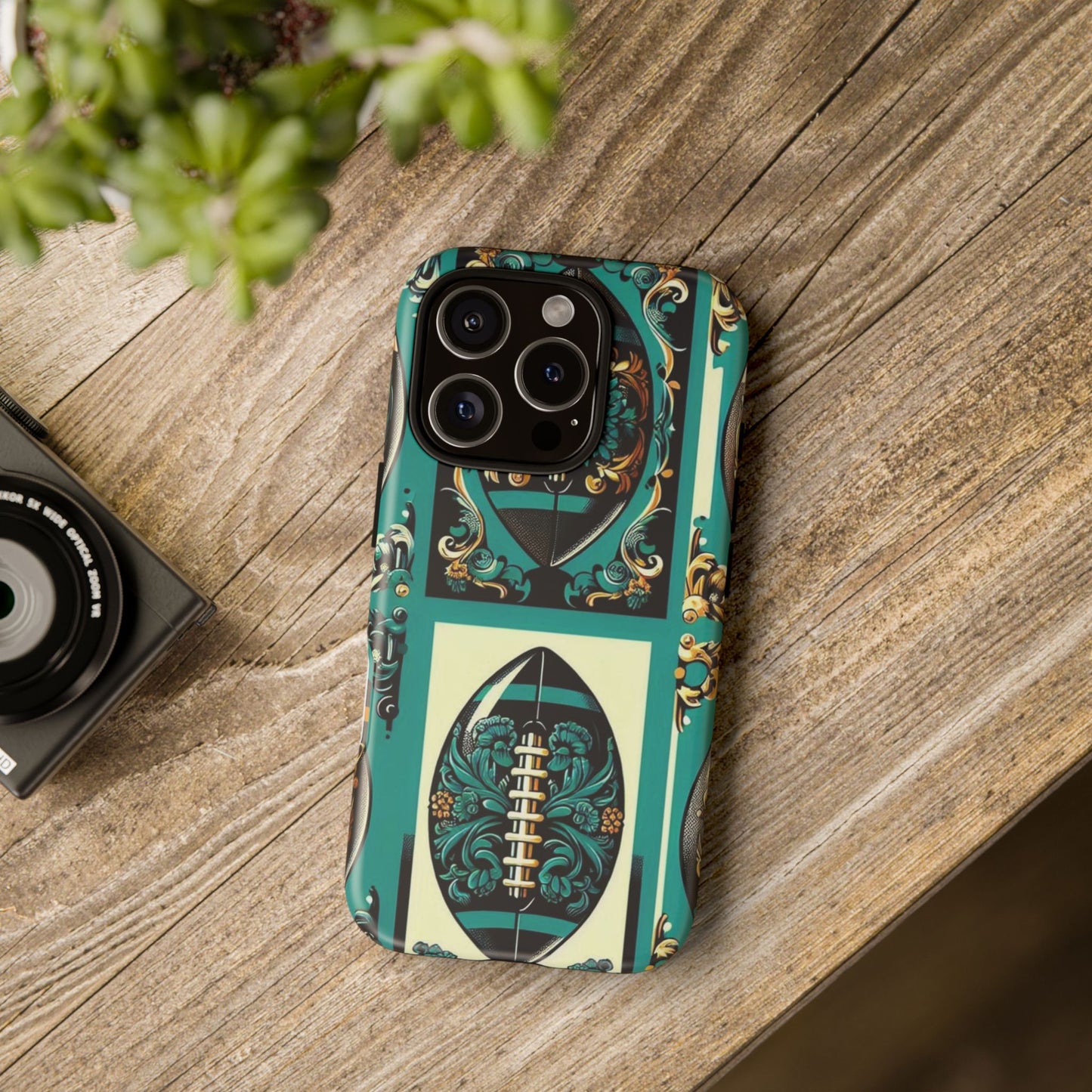Elegant Floral Motif Phone Case - Tough Cases with Vintage Design -  Damask Teal, Gold & Black Footballs