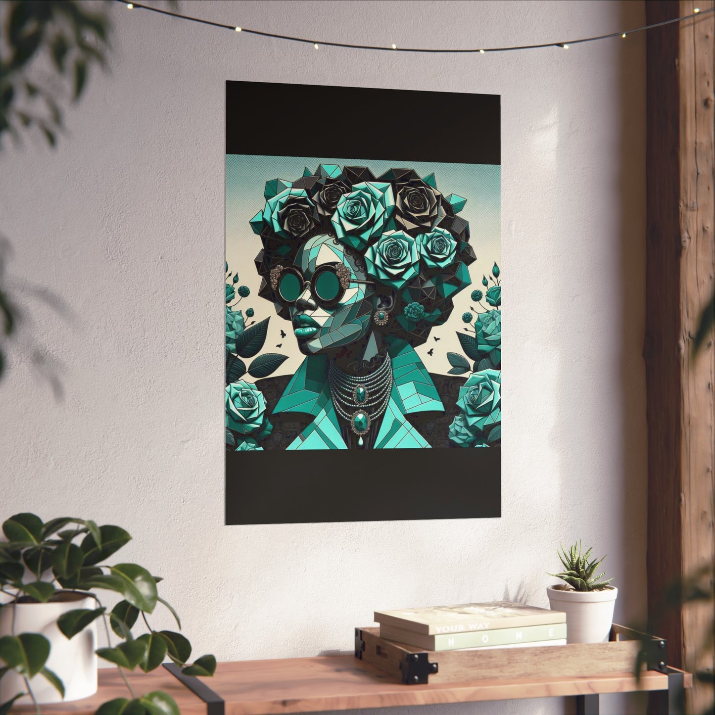 Chic Floral Fine Art Poster | Modern Wall Decor, Home Aesthetic, Gift for Art Lovers, Unique Room Makeover - Turquoise & Black Roses Lady