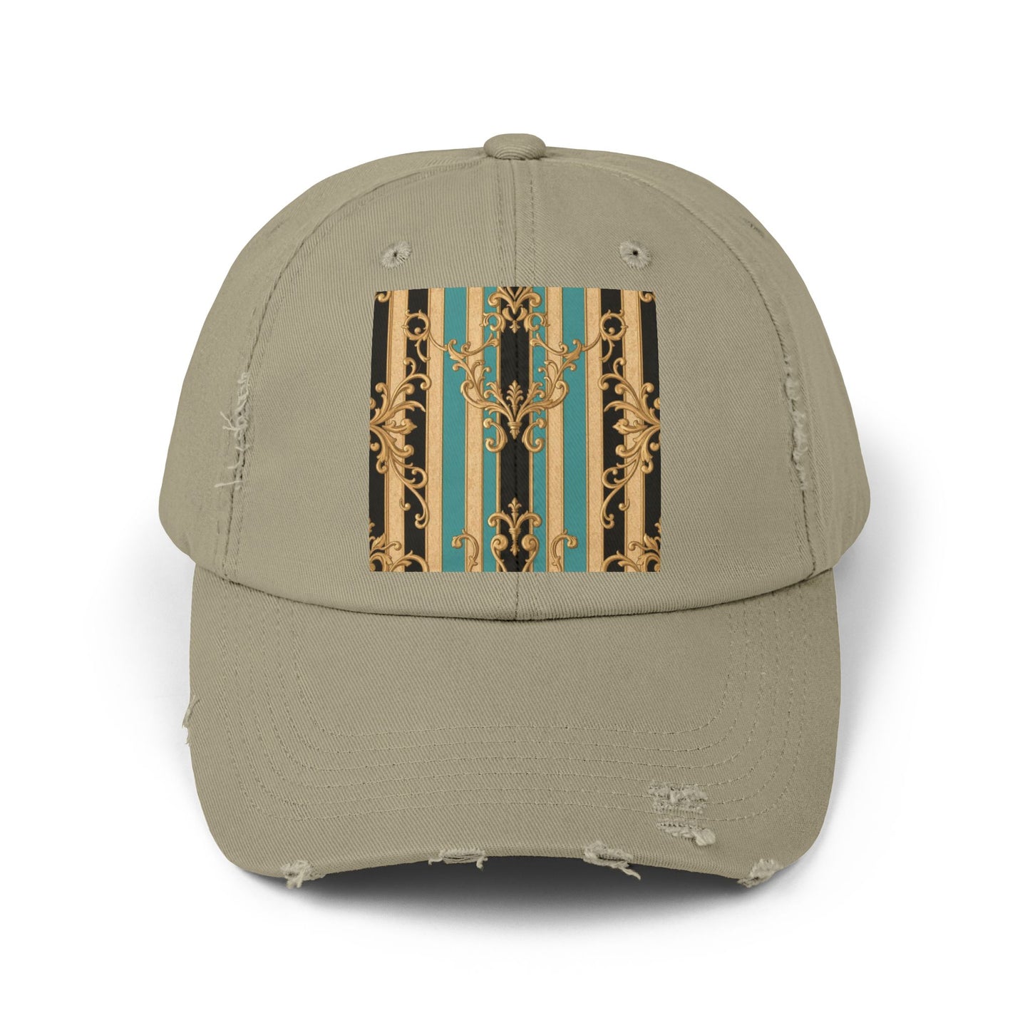 Distressed Black, Tan & Ocean Green Striped Gold Baroque Cap with Elegant Stripe Design | Vintage-Inspired Accessories, Unisex Casual Hat