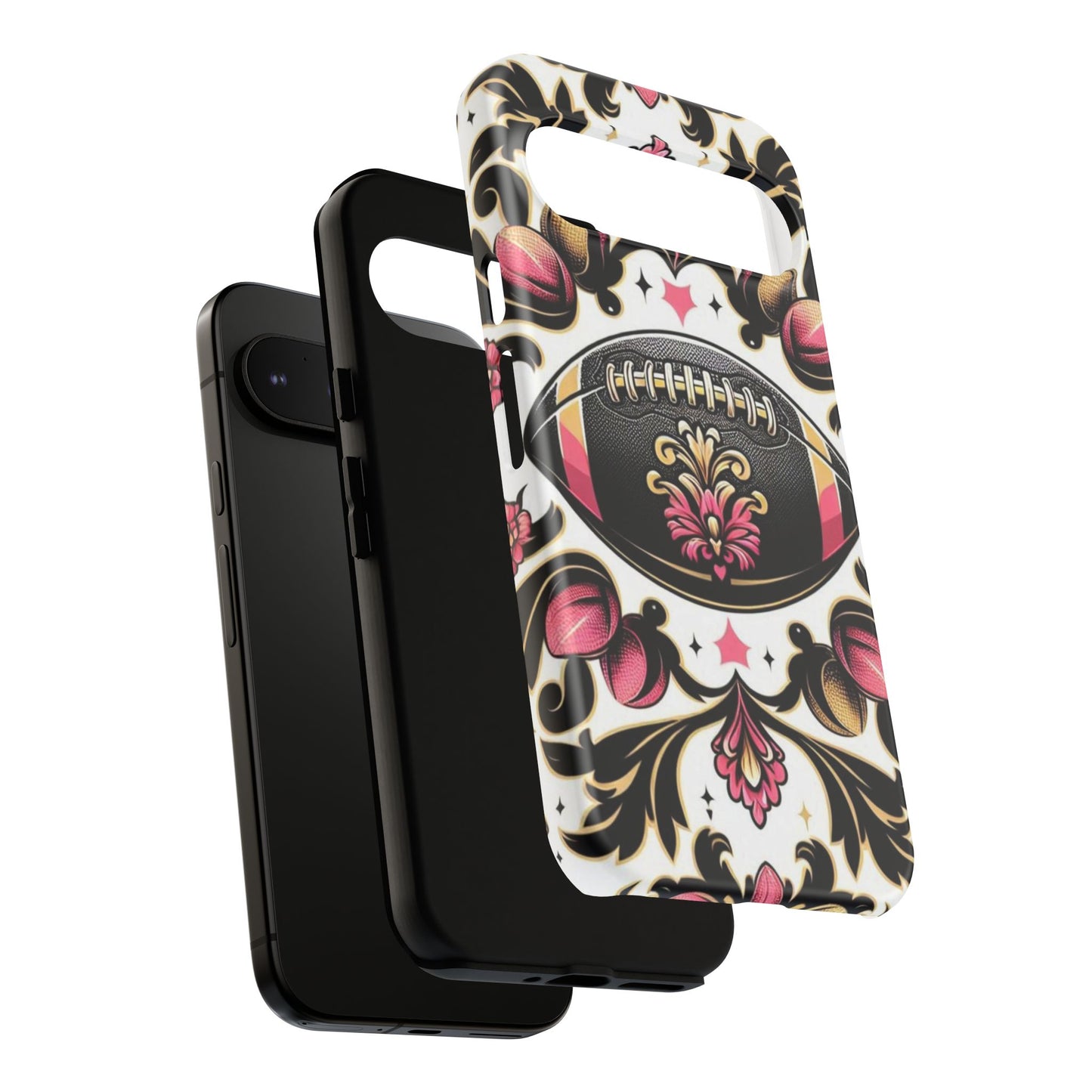 Elegant Floral Motif Phone Case - Tough Cases with Vintage Design - Damask White, Pink Gold & Black Football