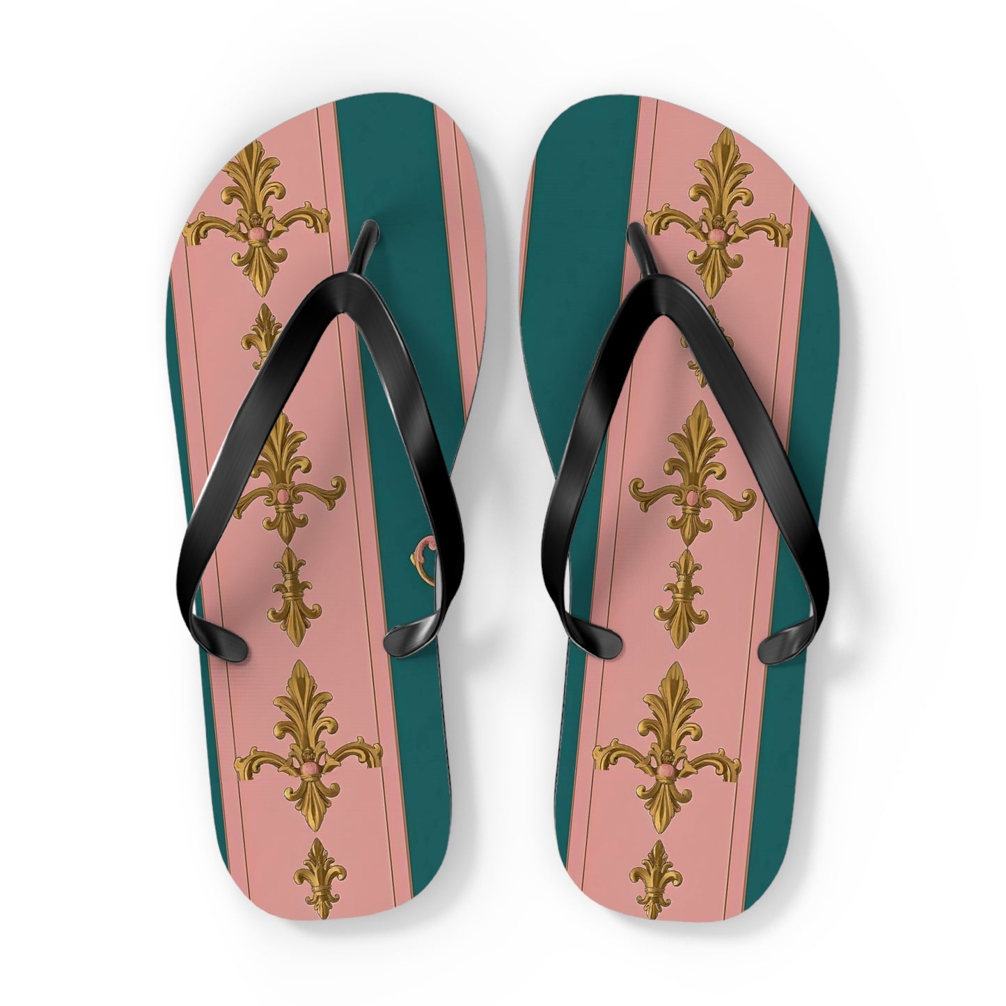Chic Floral Flip Flops, Summer Sandals, Beach Footwear, Vacation Slides, Stylish Summer Accessories - Pink & Teal Striped Gold Baroque
