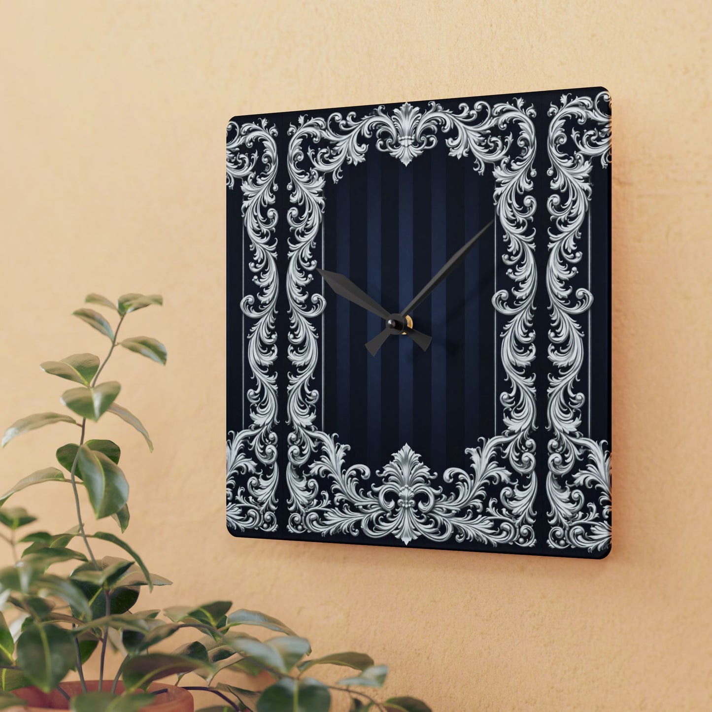 Vintage Baroque Acrylic Wall Clock — Navy Stripes & Baroque Silver Frame
