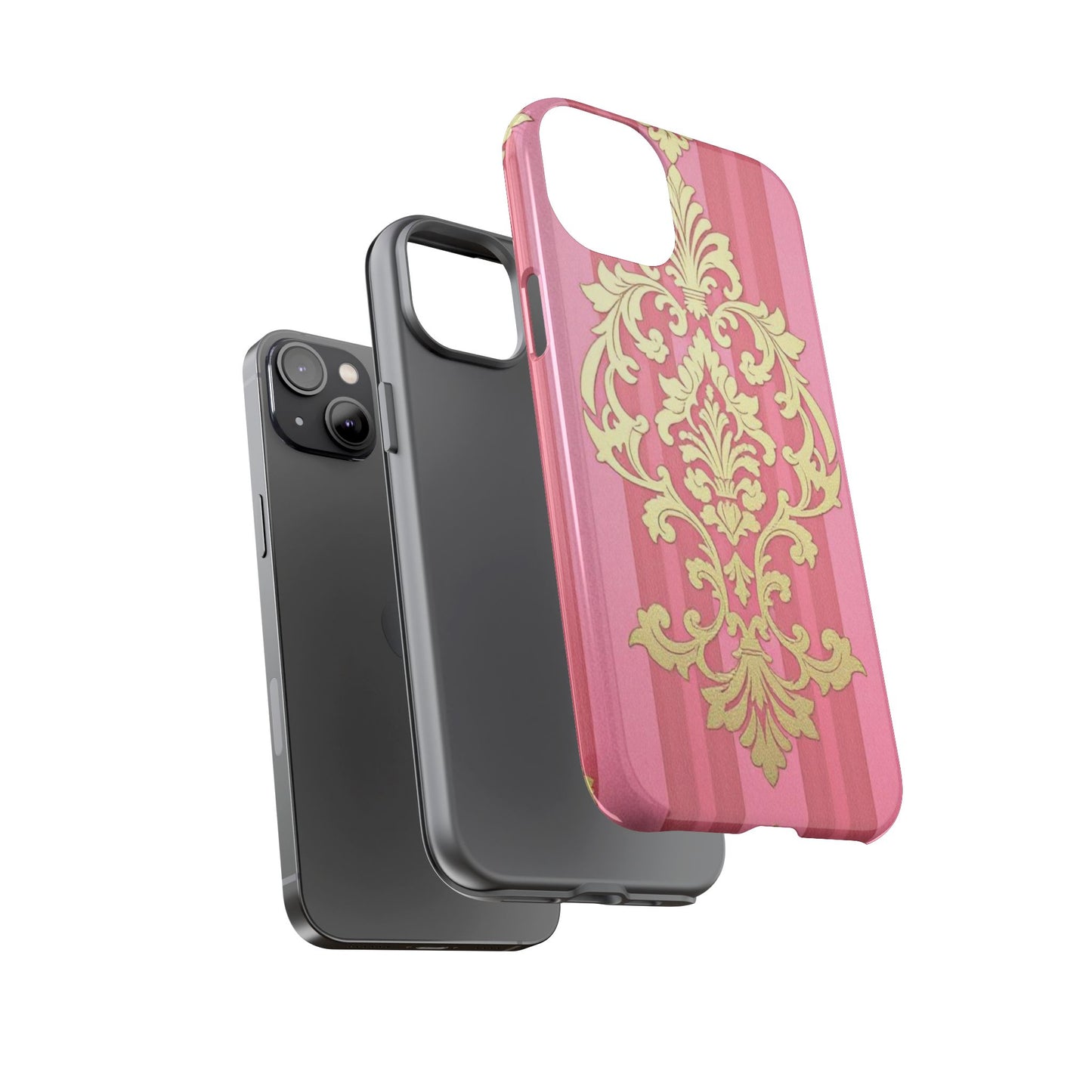 Elegant Floral Motif Phone Case - Tough Cases with Vintage Design - Pink Striped Damask