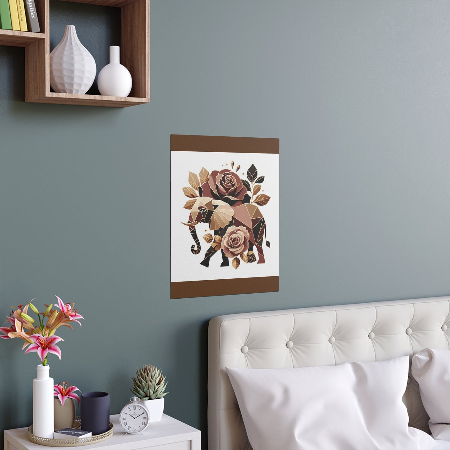 Elegant Floral Silk Poster - Indoor/Outdoor Wall Art for Home Decor - Brown & Gold Elephant & Roses