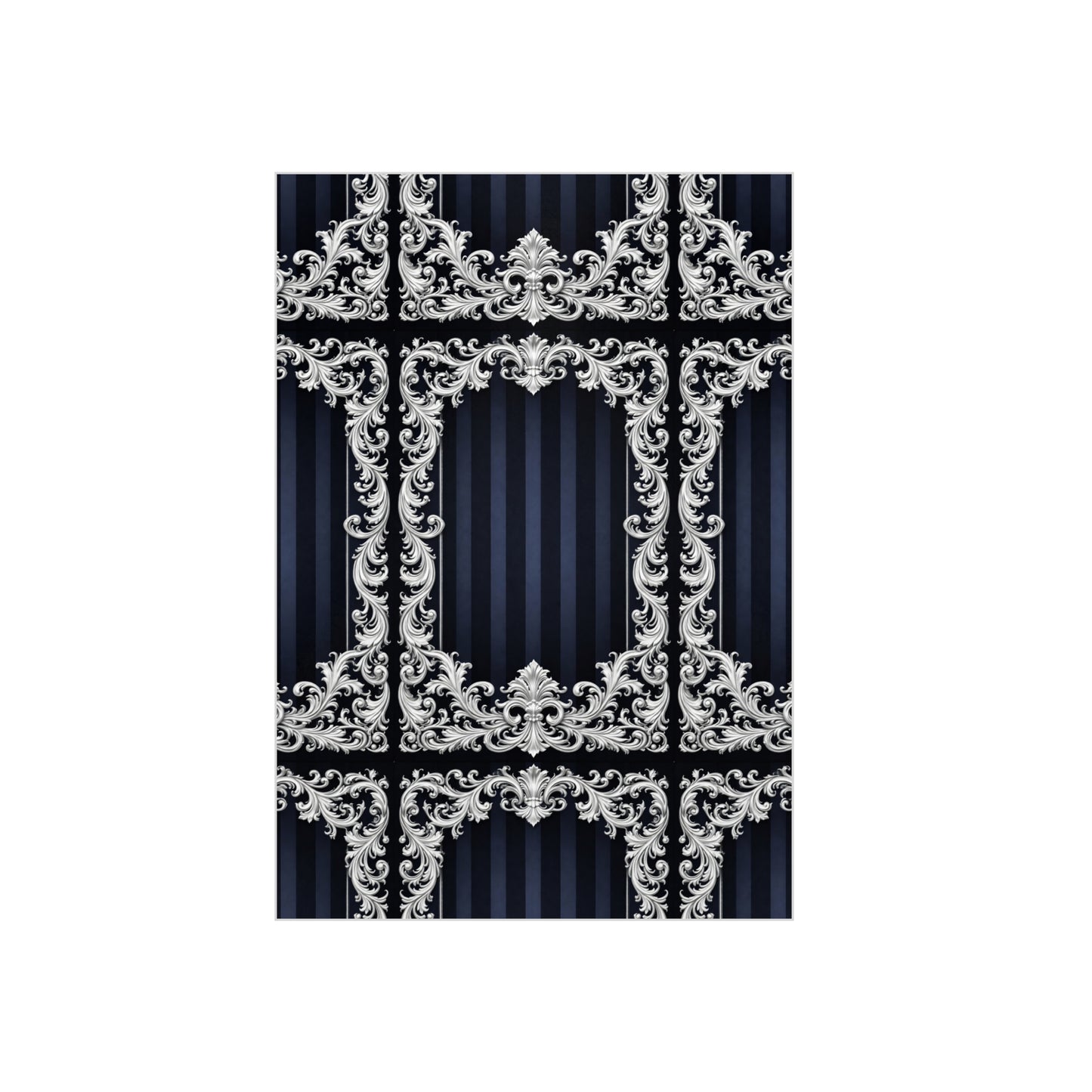 Navy Stripes & Baroque Foam Board Backdrop — Ornate Silver Scroll Panel