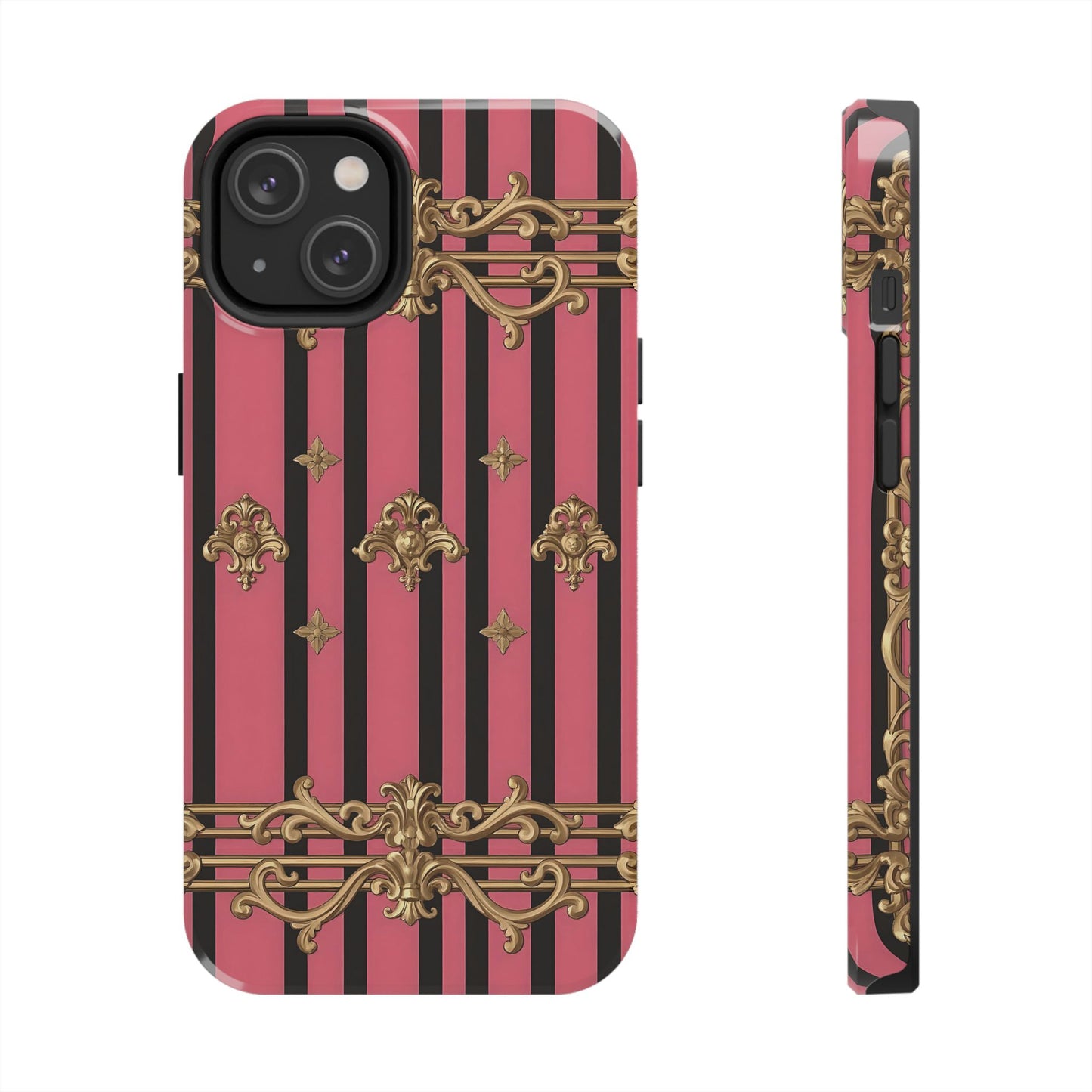 Elegant Floral Phone Cases, Stylish Protective Case for Trendy Individuals, Unique Gift for Tech Lovers, Phone Accessories - Pink Striped Gold Rococo
