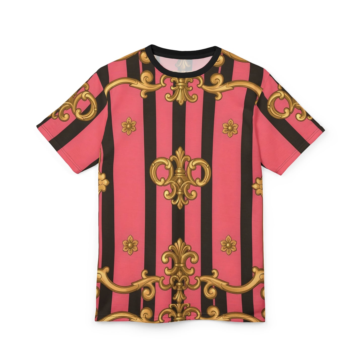 Stylish Unisex Cut & Sew Tee with Bold Pink and Gold Pattern, Trendy Top for Casual Days - Pink & Black Striped Gold Baroque
