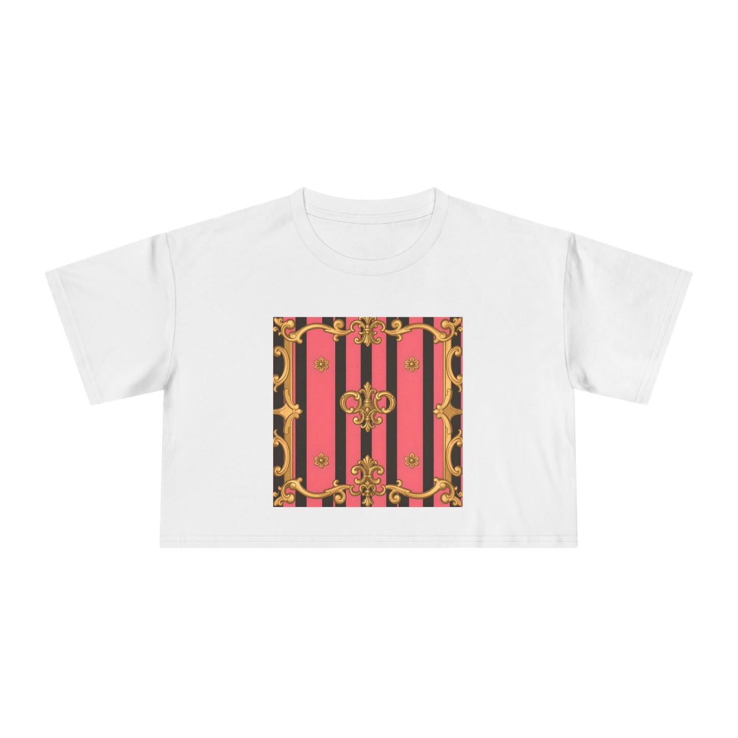 Chic Vintage-Inspired Women's Crop Tee, Stylish Summer Top, Trendy Fashion Tee, Baroque Casual Wear - Pink & Black Striped Gold Baroque