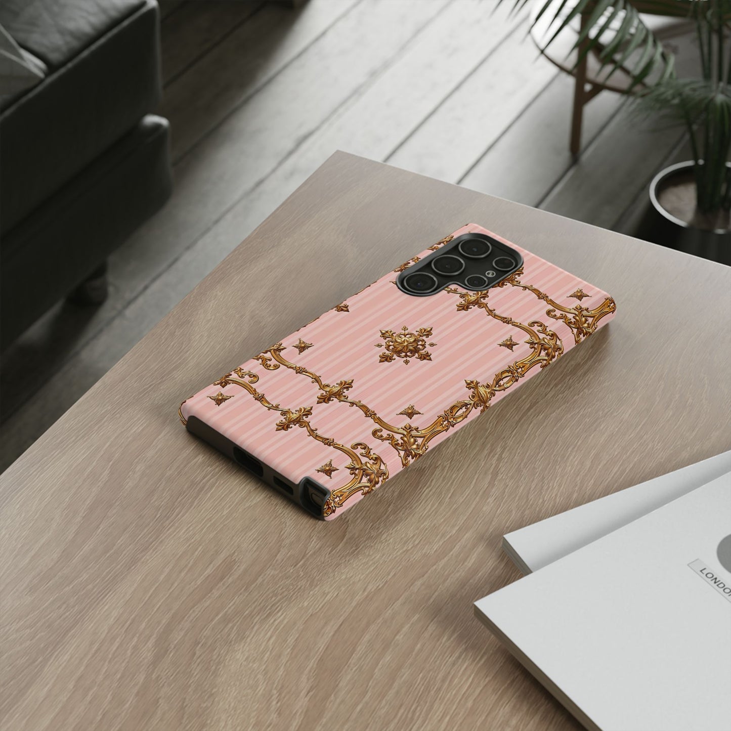 Elegant Floral Phone Case, Tough Cases for Women, Trendy Phone Cover, Chic Gift - Pink Striped Gold Baroque