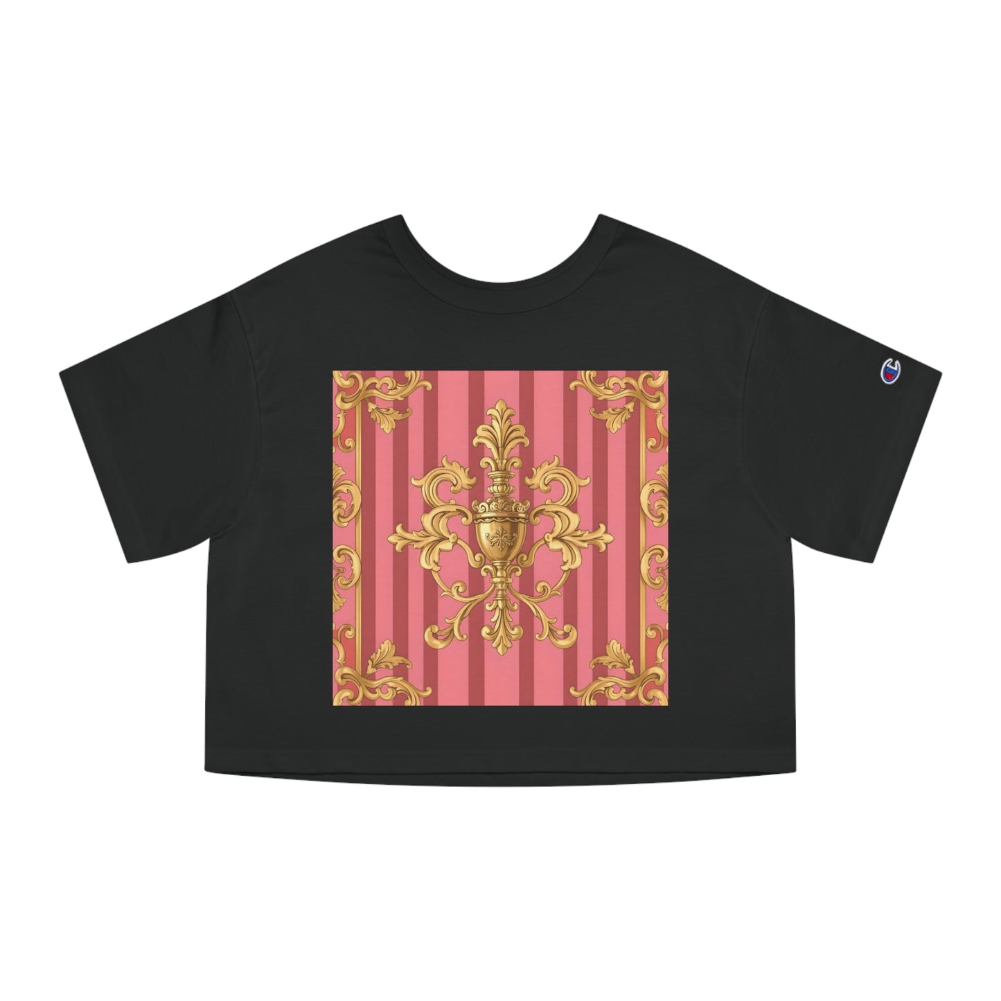 Chic Cropped T-Shirt, Elegant Fashion Top, Vintage Style Tee, Spring/Summer Casual Wear, Trendy Graphic Shirt - Pink Striped Gold Baroque