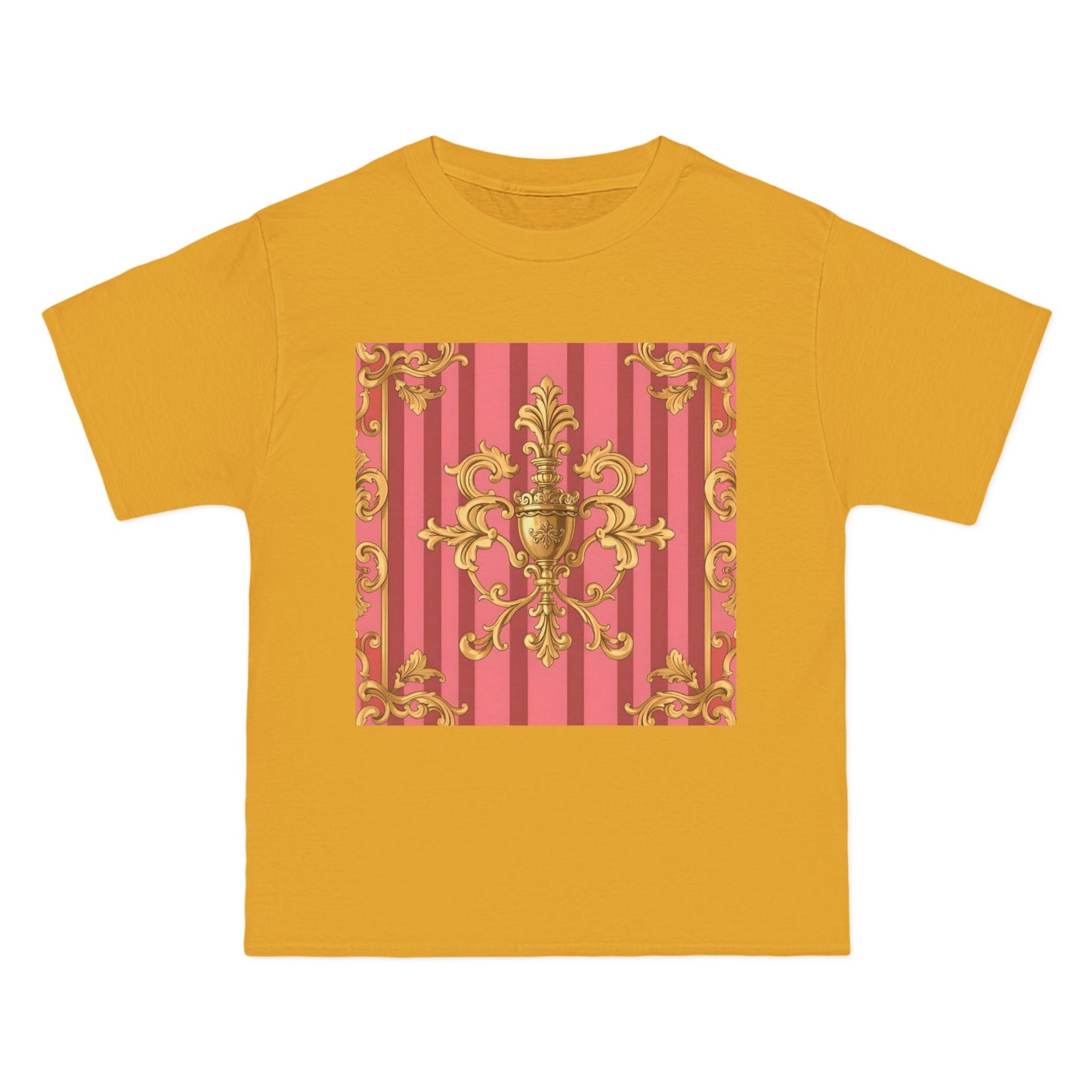 Chic Vintage Style Short-Sleeve T-Shirt - Elegant Baroque Design | Fashion Top, Gift for Her, Casual Wear - Pink Striped Gold Baroque