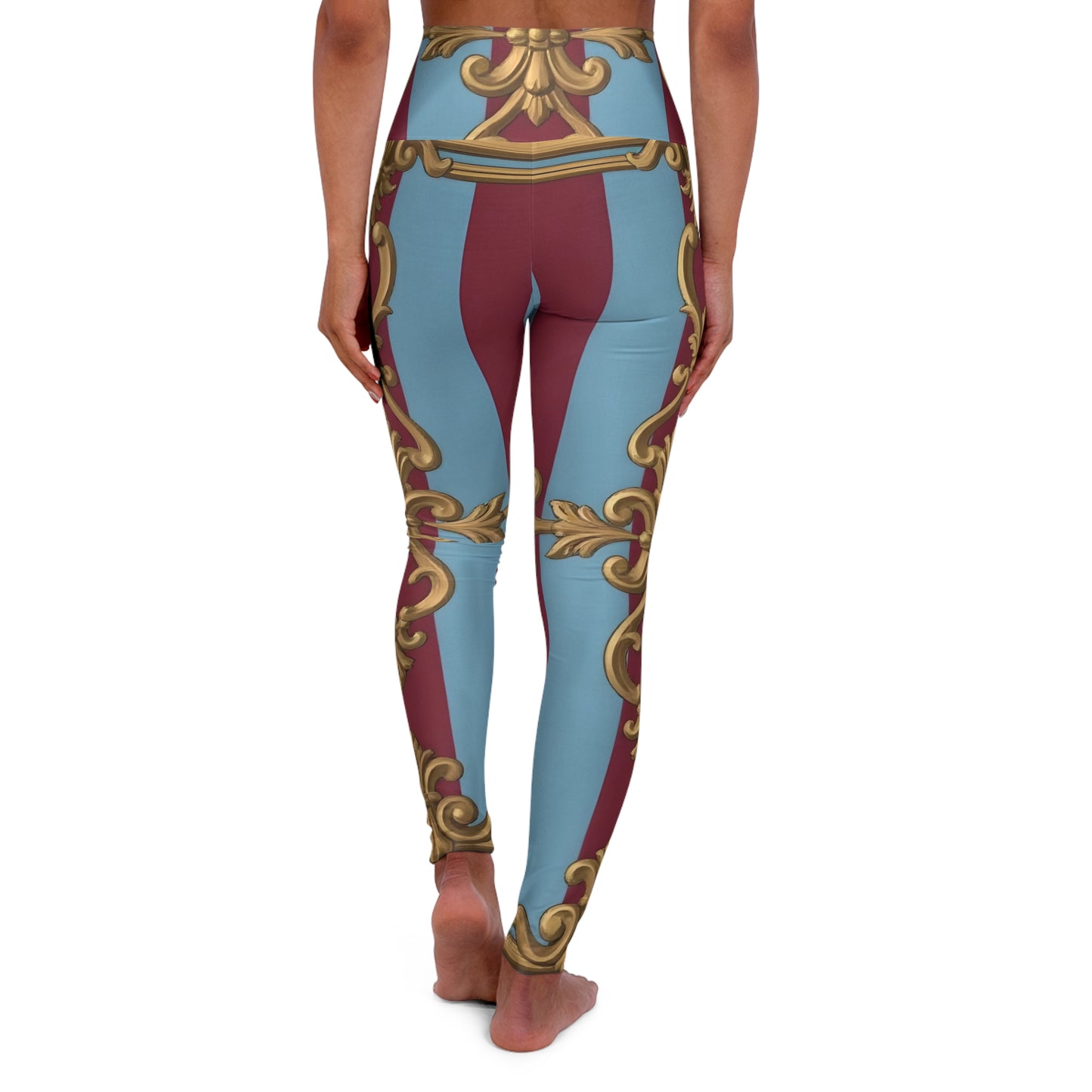 Stylish High Waisted Yoga Leggings with Elegant Pattern, Yoga Pants, Workout Leggings, Activewear - Sky Blue & Maroon Striped Baroque