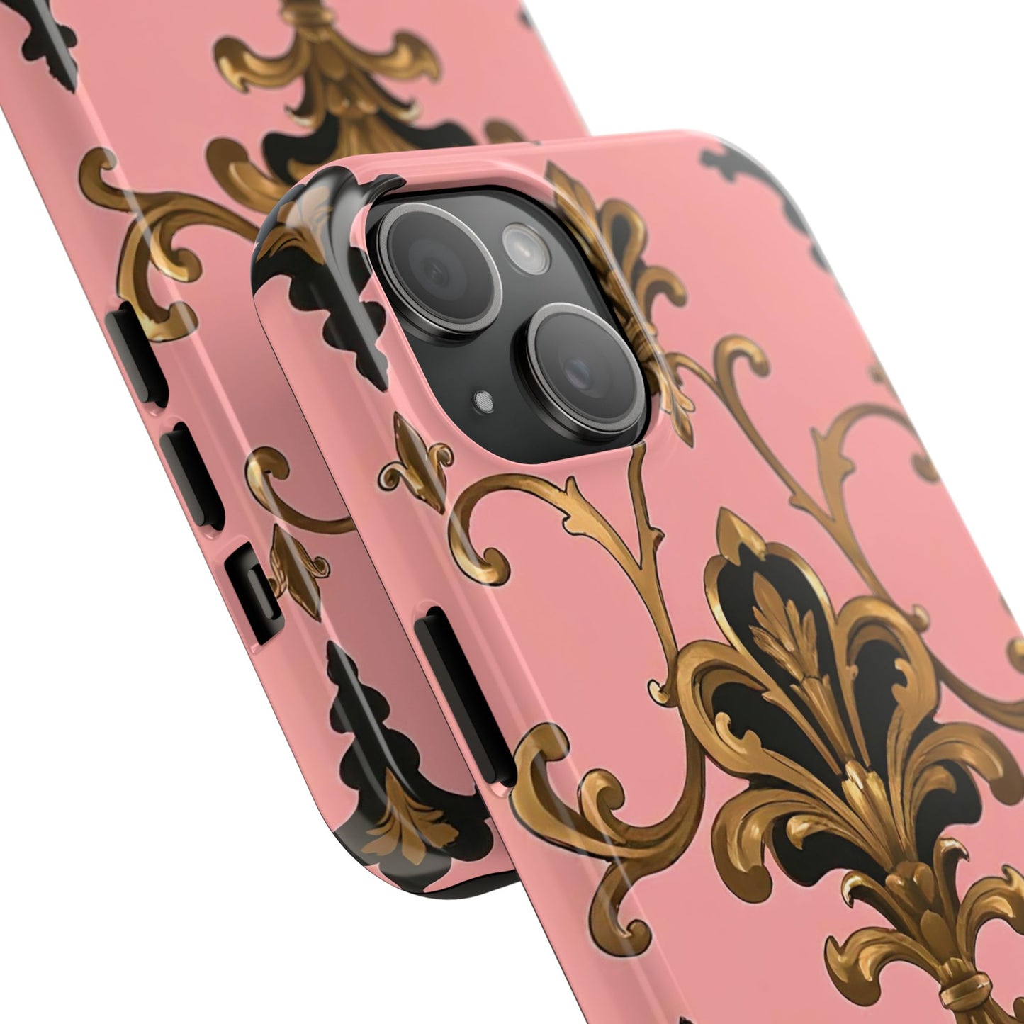 Chic Tough Phone Cases with Floral Design, Elegant Phone Cover, Durable Smartphone Case, Stylish Tech Accessory - Pink, Black & Gold Rococo