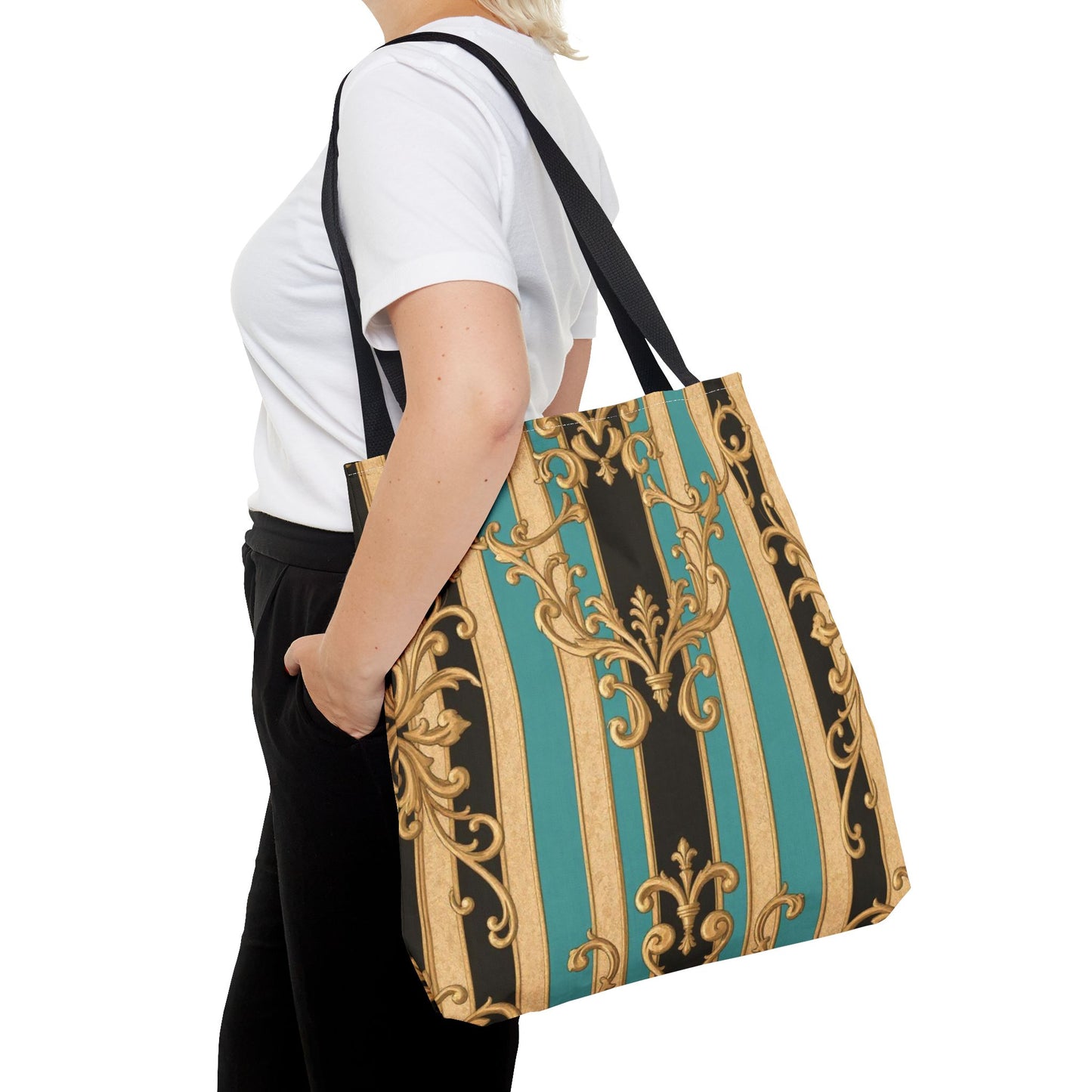 Elegant Black, Tan & Ocean Green Striped Gold Baroque Vintage Pattern Tote Bag, Stylish Carryall, Fashionable Handbag, Perfect Gift for Mother’s Day