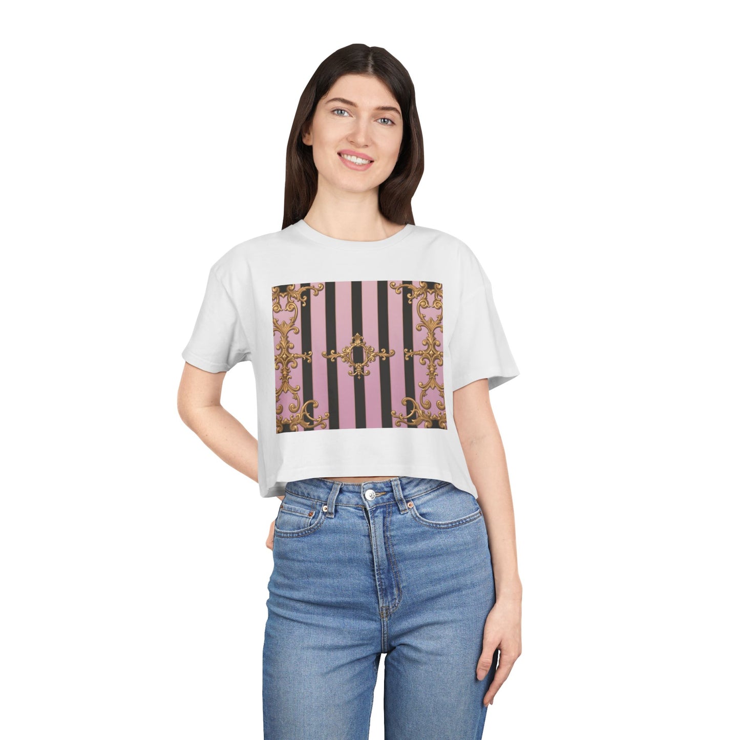 Chic Baroque Women's Crop Tee, Boho Style Top, Casual Summer Shirt, Trendy Gift for Her, Stylish Crop Top for Festivals & Everyday