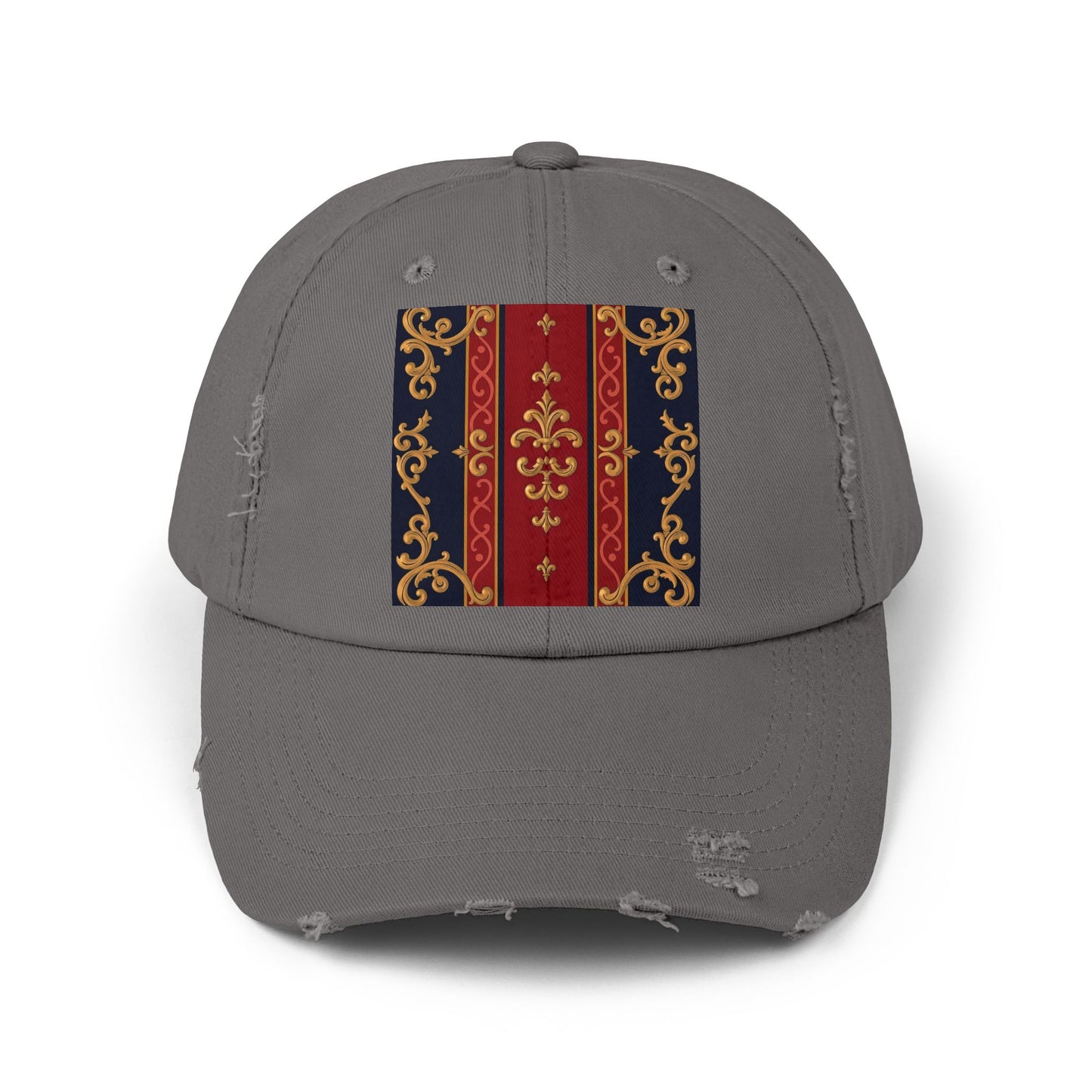 Vintage-Inspired Distressed Cap, Stylish Hat, Perfect Gift for Friends, Fashion Accessory, Unisex Headwear - Midnight Blue & Dusk Red Gold Baroque