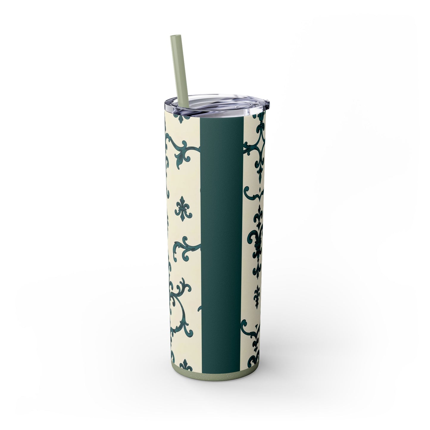 Elegant Floral Skinny Tumbler, 20oz - Stylish Travel Mug for Home, Coffee Lover Gift, Eco-Friendly Drinkware, Party Favor - Teal Striped Rococo