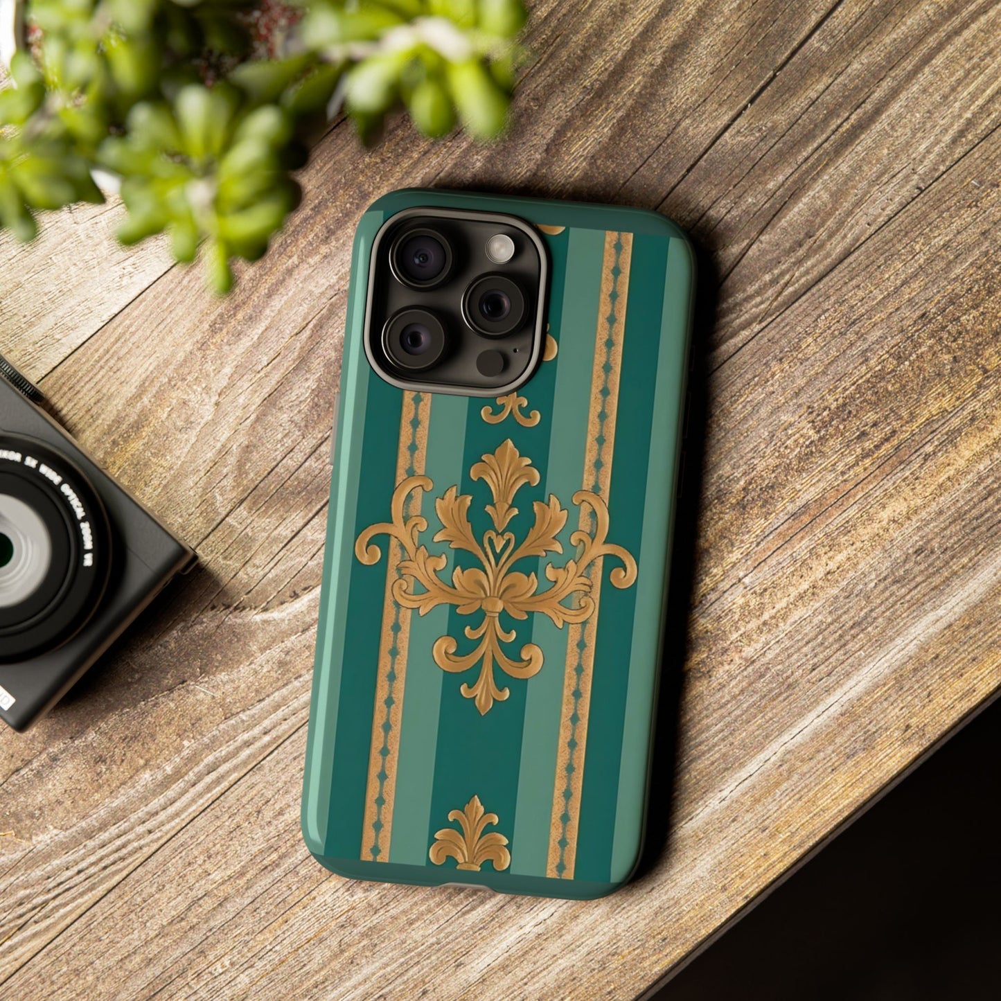 Elegant Floral Motif Phone Case - Tough Cases with Vintage Design - Teal Striped Gold Damask