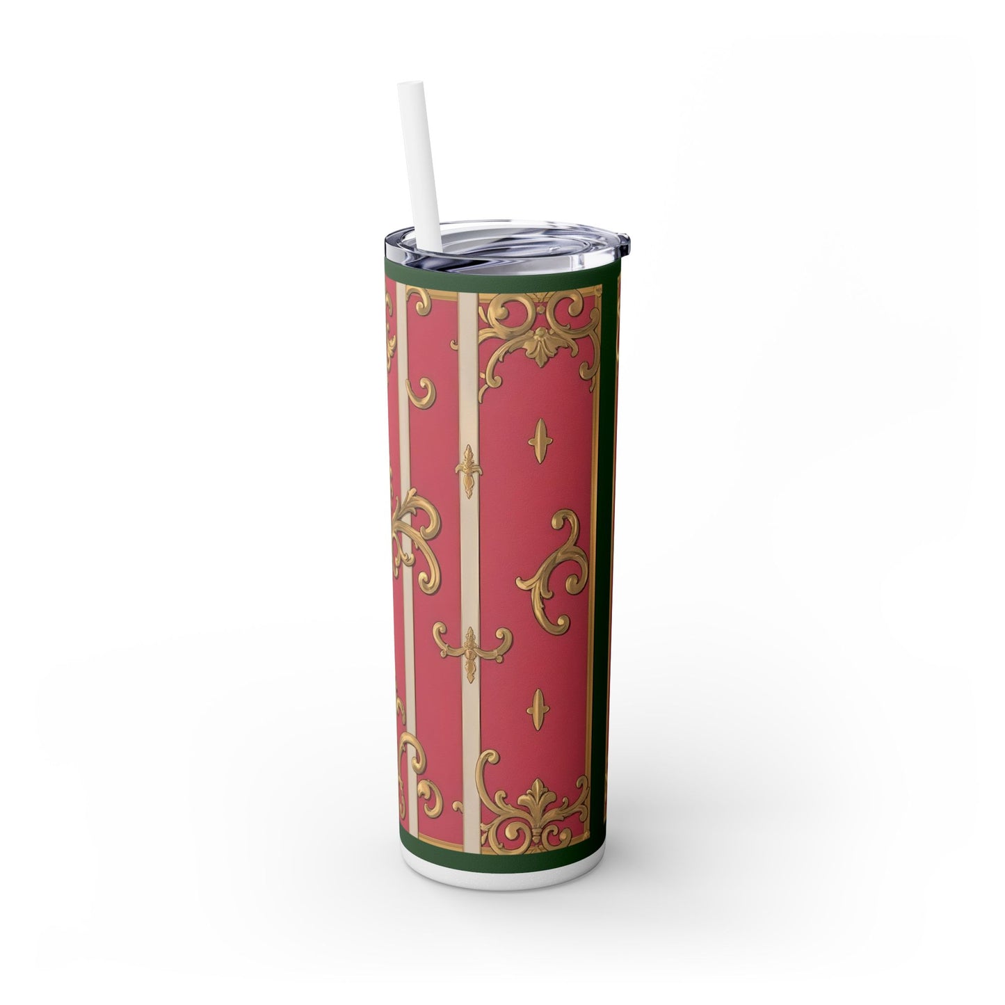 Elegant Green Border Pink Striped Baroque Skinny Tumbler with Straw, Reusable Travel Mug, Gift for Her, Fashionable Drinkware