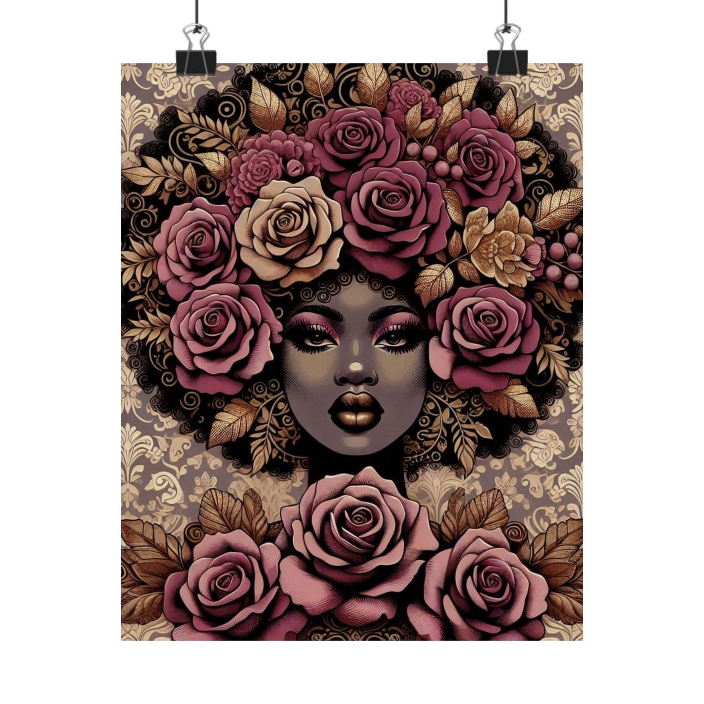 Floral Afro Art Poster - Elegant Matte Vertical Wall Decor - Mauve Lady & Damask