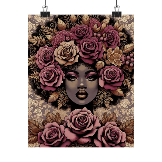 Floral Afro Art Poster - Elegant Matte Vertical Wall Decor - Mauve Lady & Damask