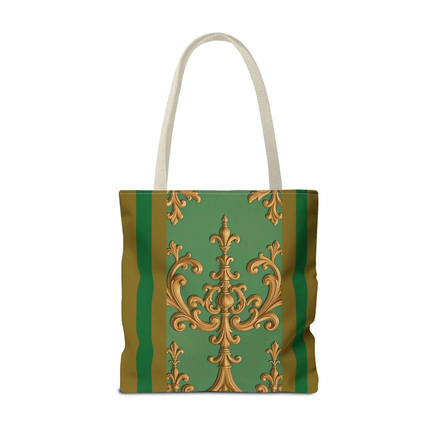 Ornate Floral Tote Bag, Chic Shopping Bag, Fashionable Eco Tote, Stylish Gift for Her, Versatile Everyday Use - Olive Green Striped Rococo