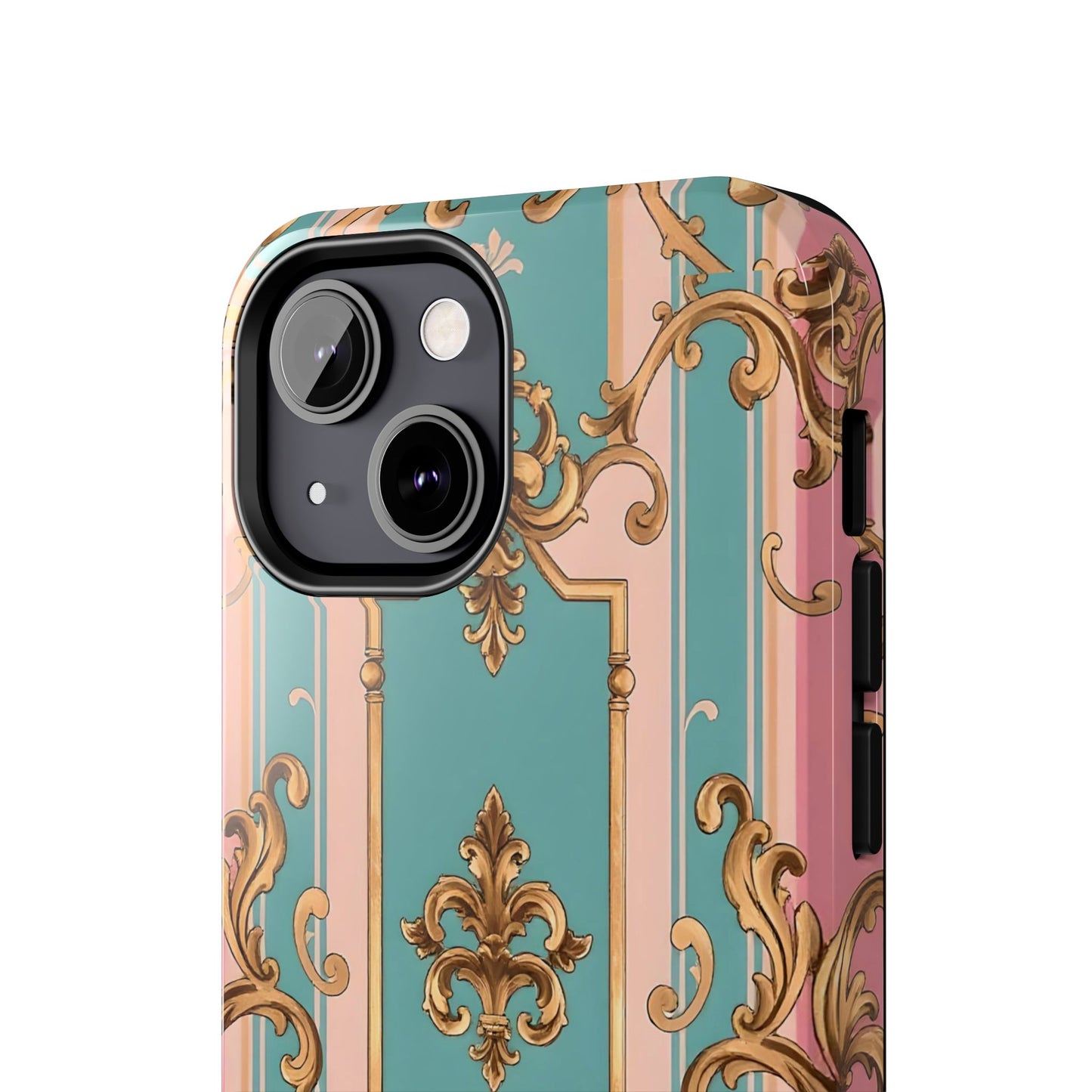 Elegant Floral Tough Phone Case, Artistic Phone Cover, Gift for Her, Chic Phone Accessory - Pink & Matte Turquoise Striped Rococo