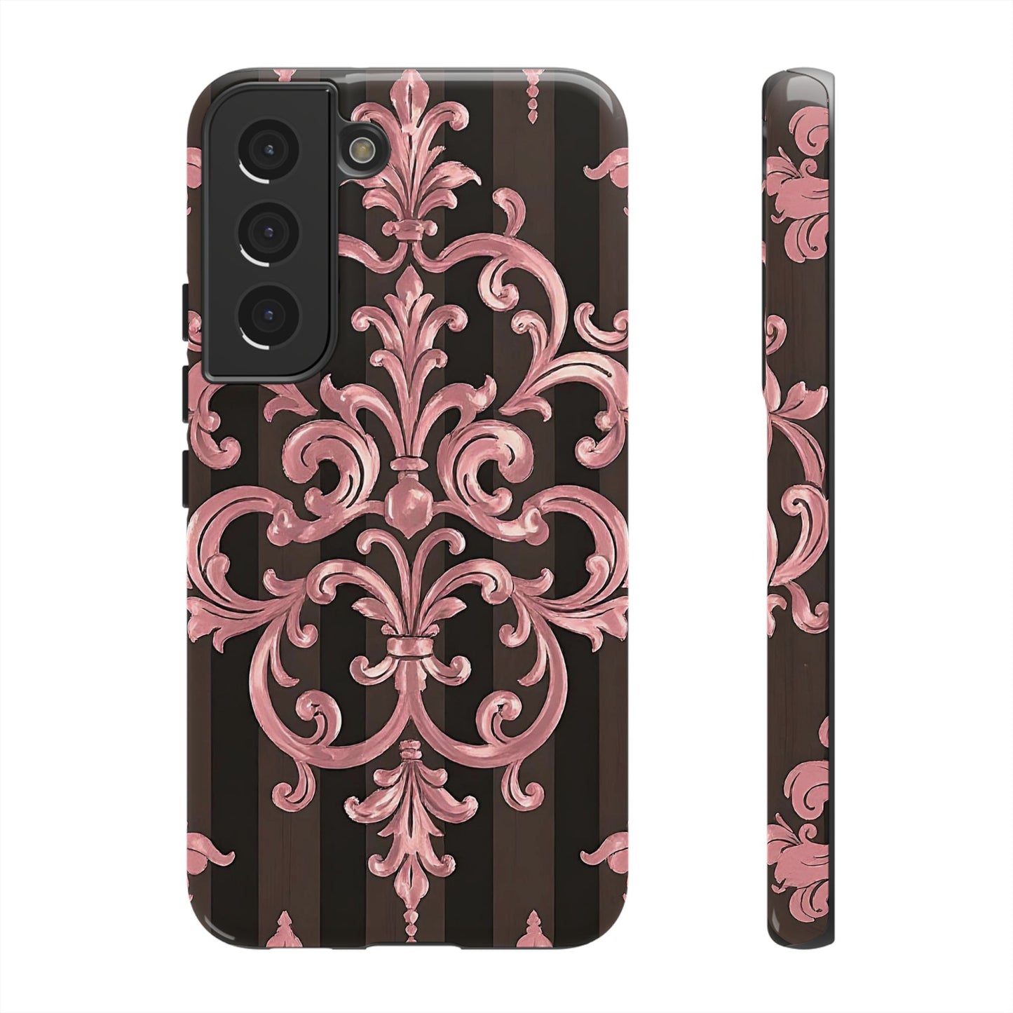 Elegant Floral Motif Phone Case - Tough Cases with Vintage Design - Brown Striped Mauve Damask
