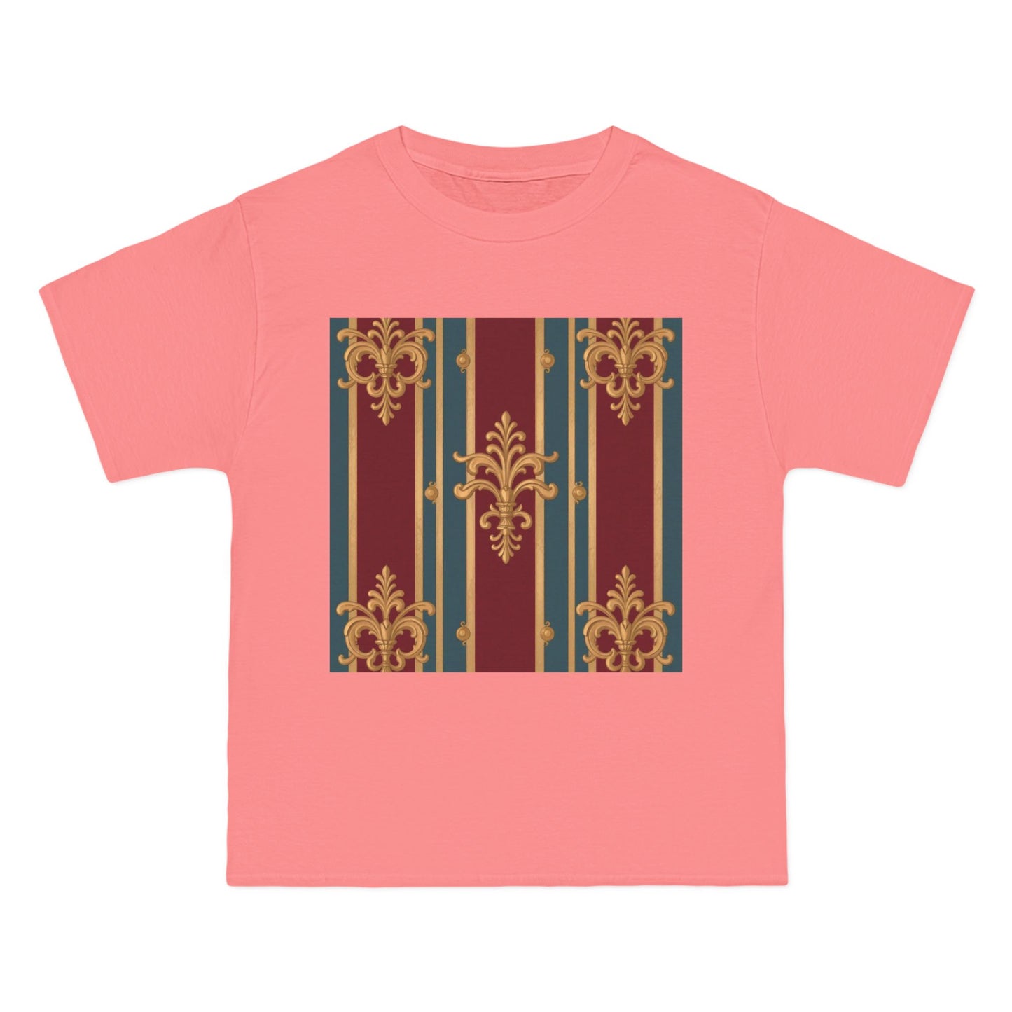 Elegant Vintage Patterned Beefy-T® Short-Sleeve T-Shirt | Casual Wear, Summer Tops, Unique Gift - Burgundy Striped Gold Baroque
