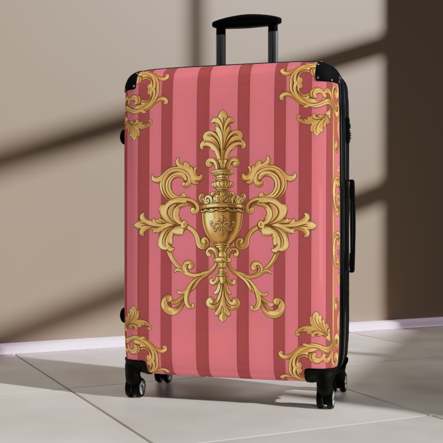 Elegant Pink Ornate Suitcase, Stylish Travel Luggage, Chic Carry-On, Unique Gift for Travelers - Pink Striped Gold Baroque