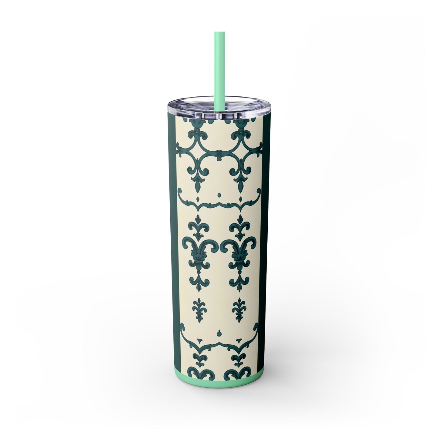 Elegant Floral Skinny Tumbler, 20oz - Stylish Travel Mug for Home, Coffee Lover Gift, Eco-Friendly Drinkware, Party Favor - Teal Striped Rococo