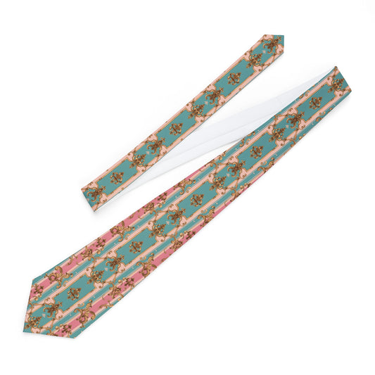 Floral Pattern Necktie – Elegant Gift for Weddings, Graduations, Business, Father's Day, Formal Events - Pink & Matte Turquoise Striped Rococo