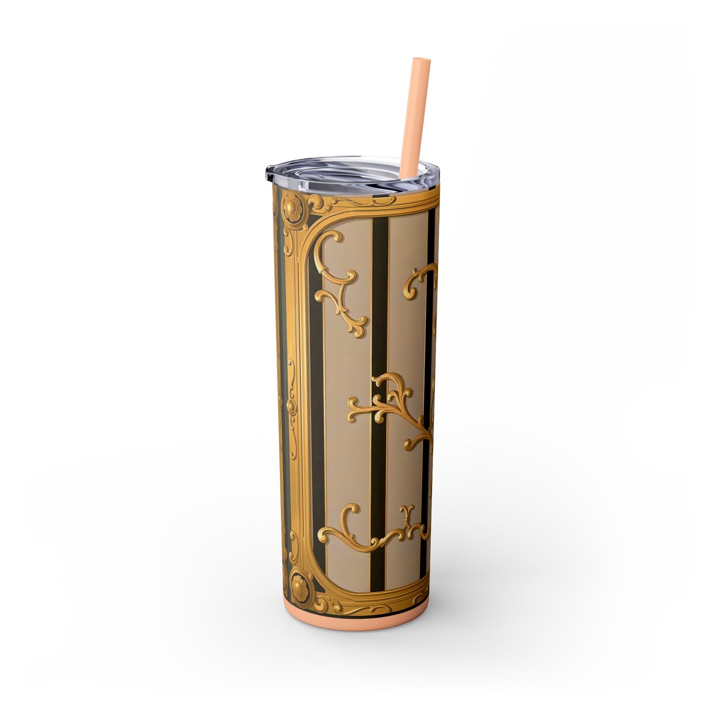 Skinny Tumbler with Straw, 20oz - Beige Striped Gold Rococo